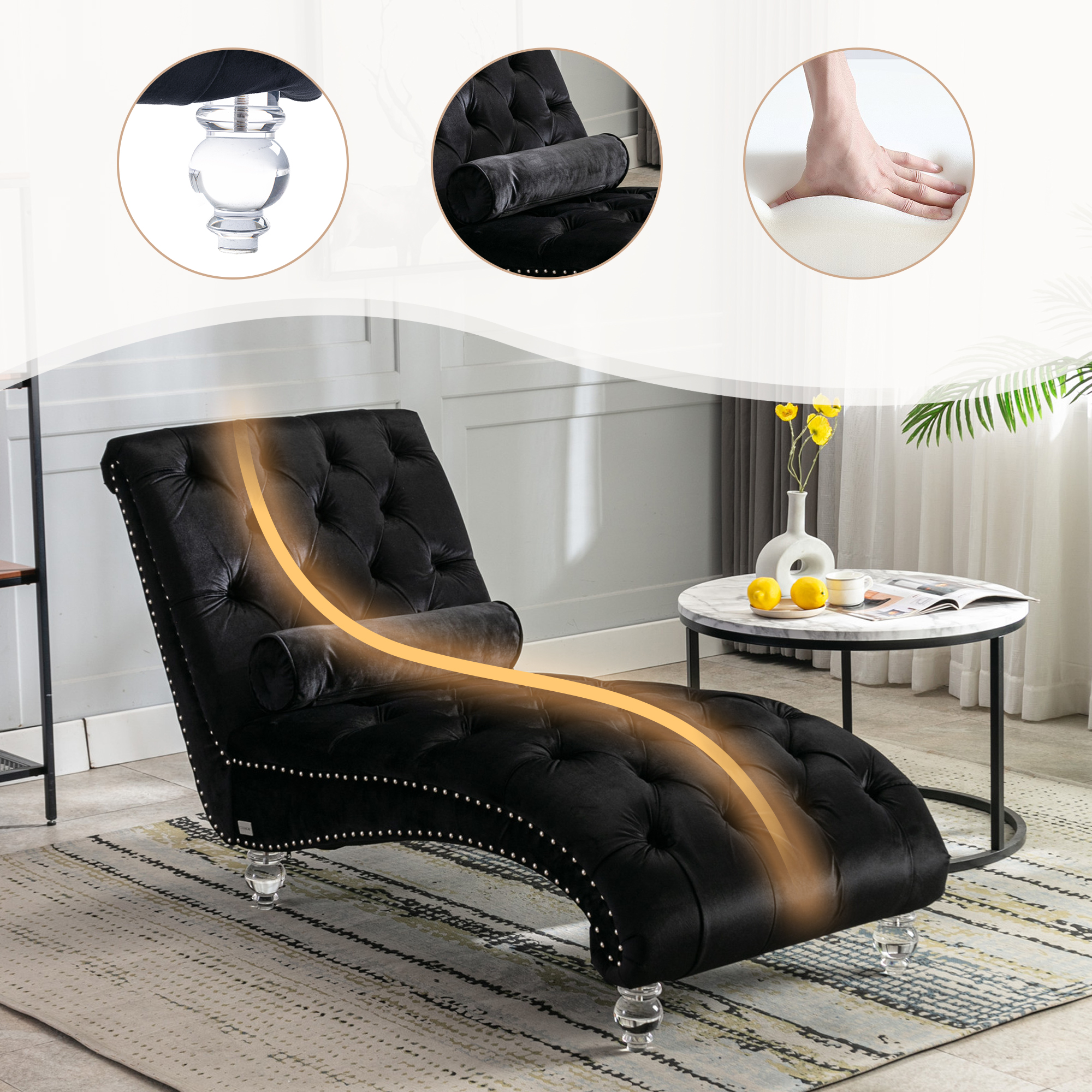 Chaise longue velours noir capitonnée, avec oreiller