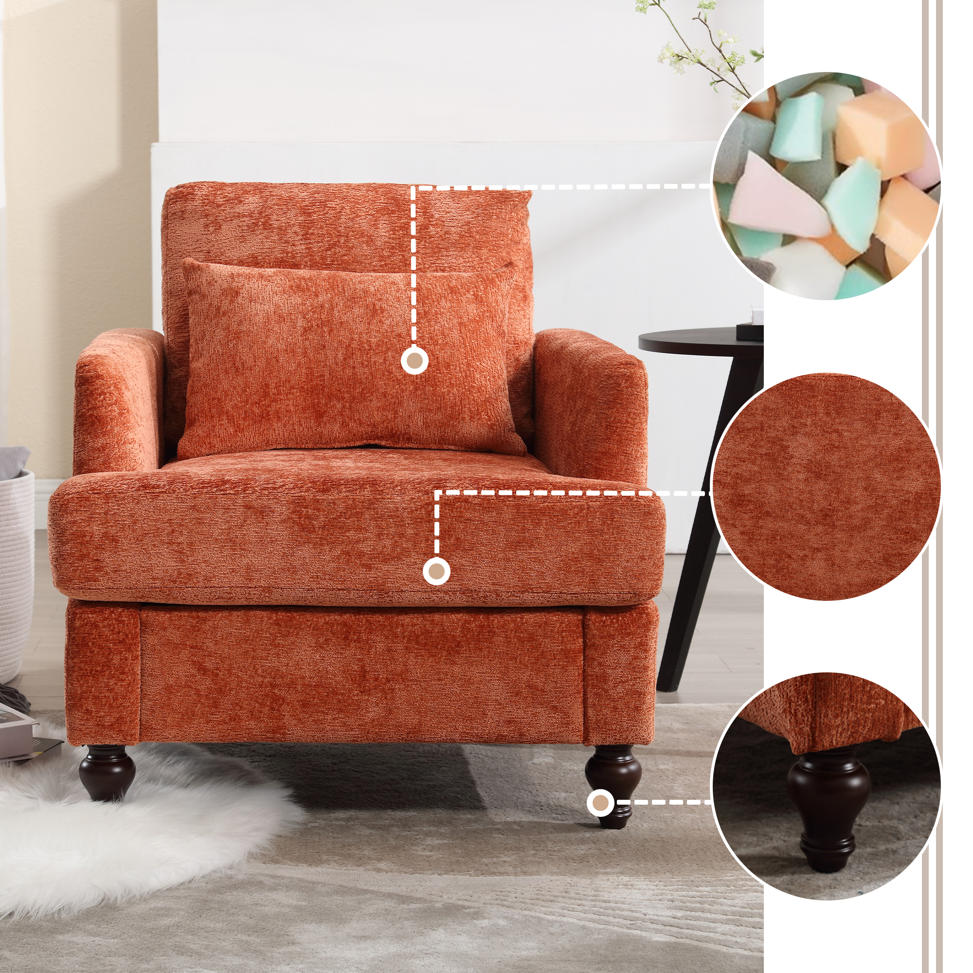 Fauteuil bois cadre accent, chaise lounge mi-siècle, chenille orange