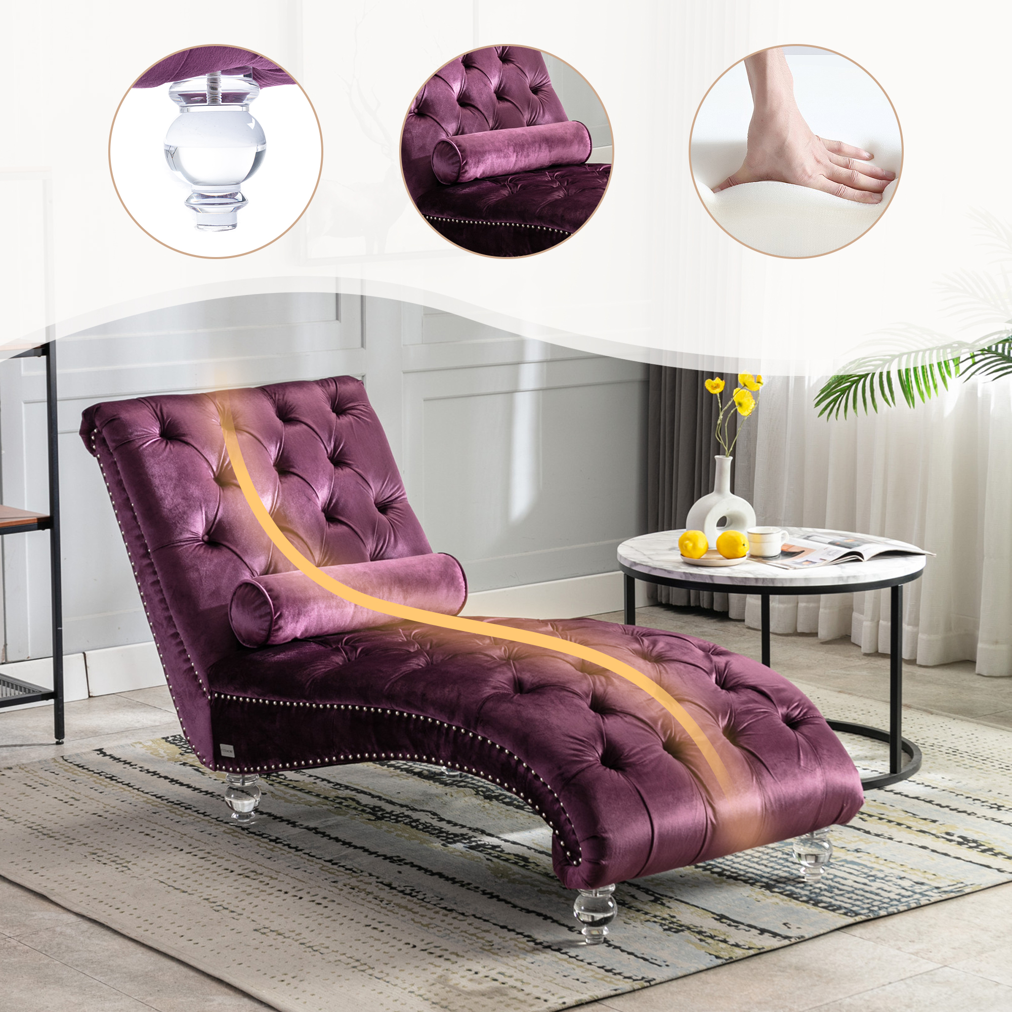 Chaise longue velours pourpre capitonnée, avec oreiller