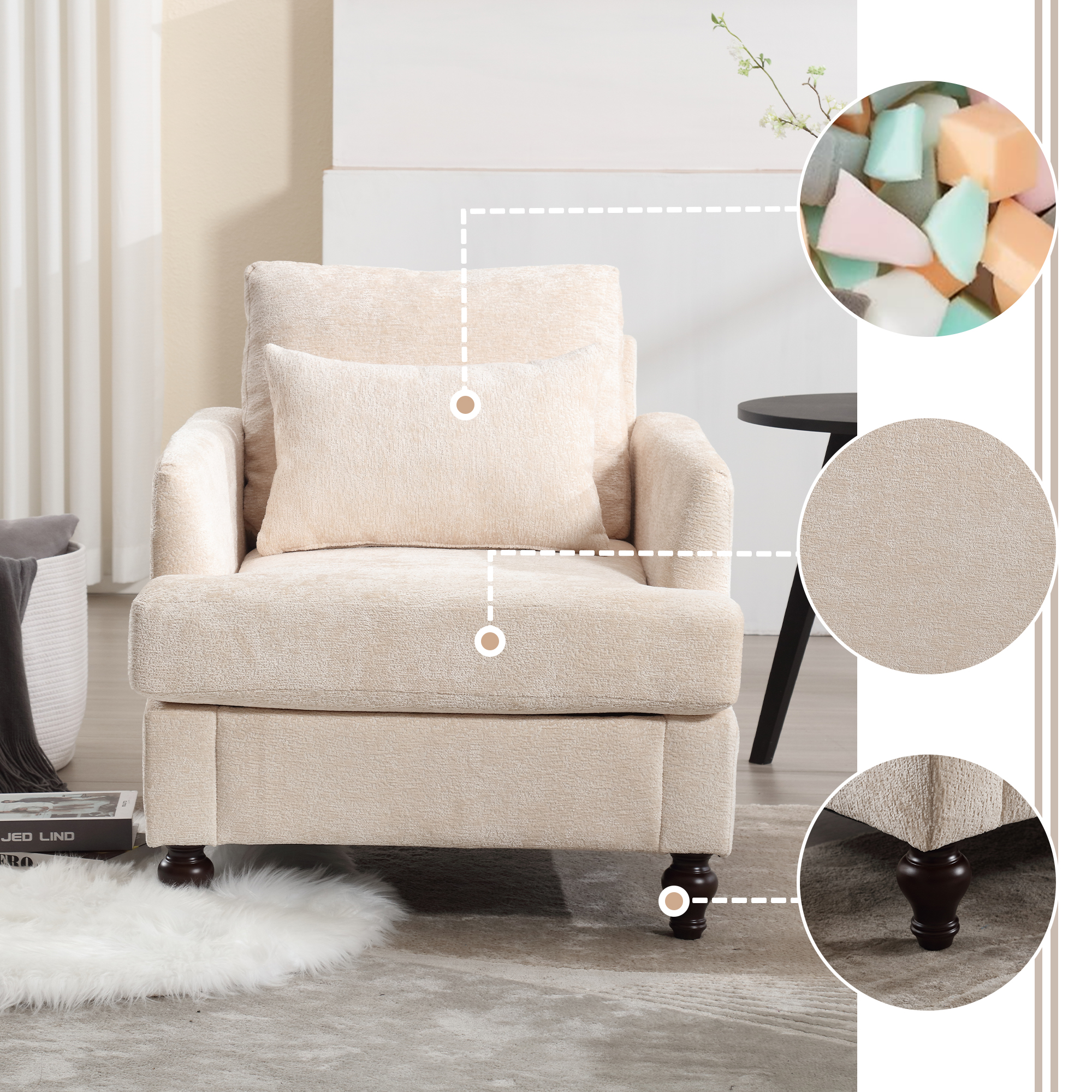 Fauteuil cadre bois moderne, chaise accent salon, tufté beige chenille