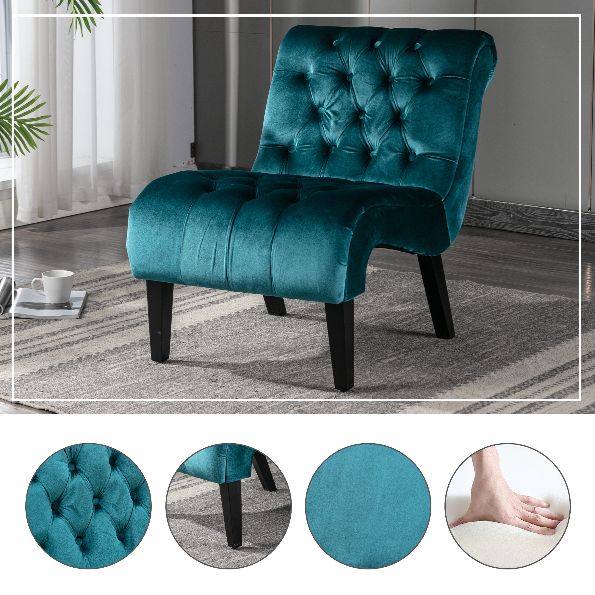 COOLMORE Fauteuil accent velours bleu-vert sans bras, jambes bois