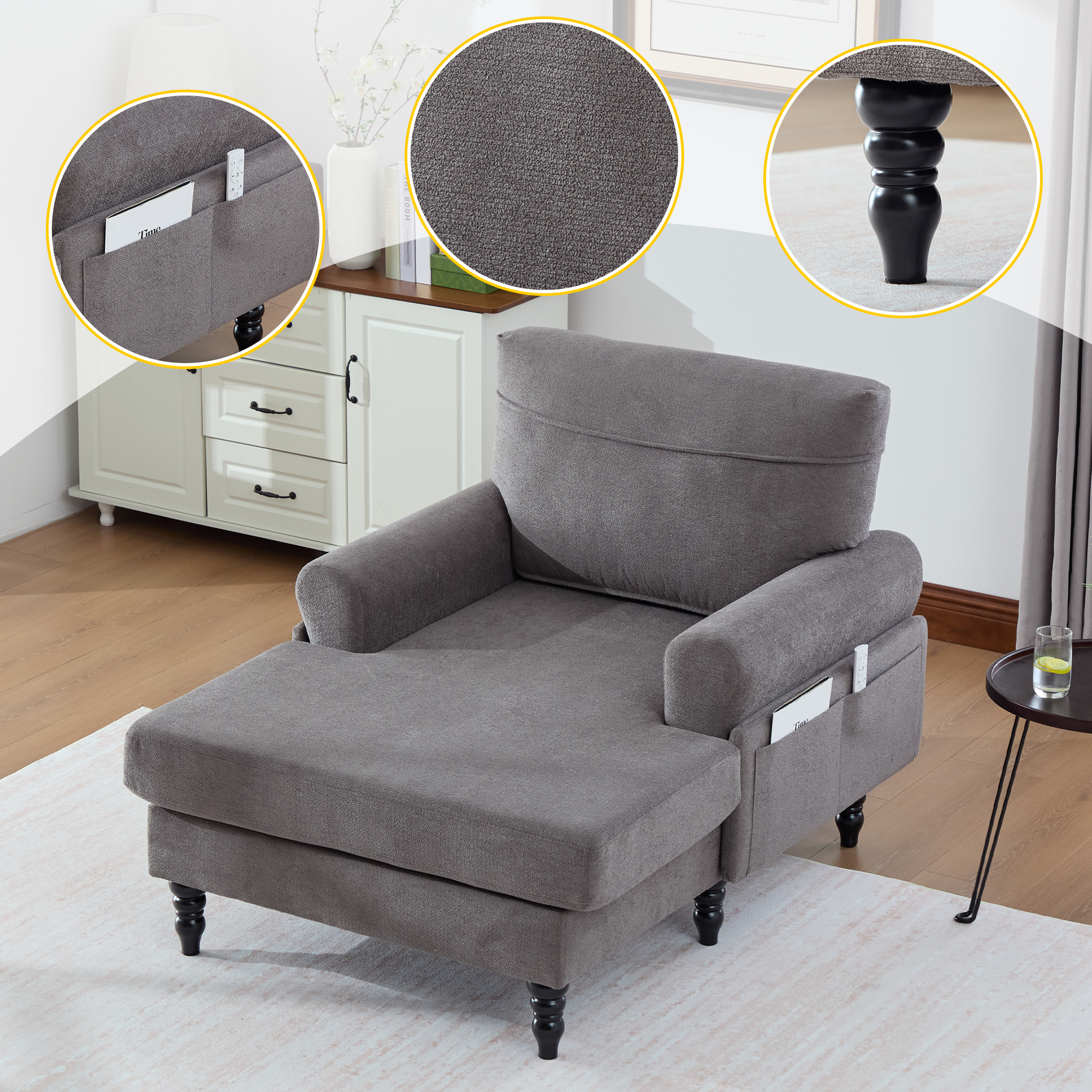 Méridienne chaise longue tissu chenille minimaliste bois