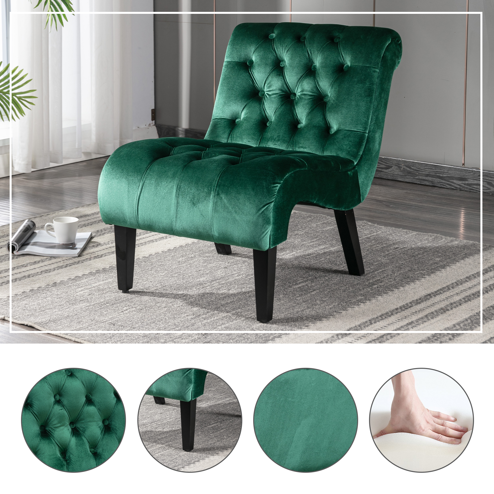 COOLMORE Fauteuil accent velours vert sans bras, jambes bois, chambre/bureau