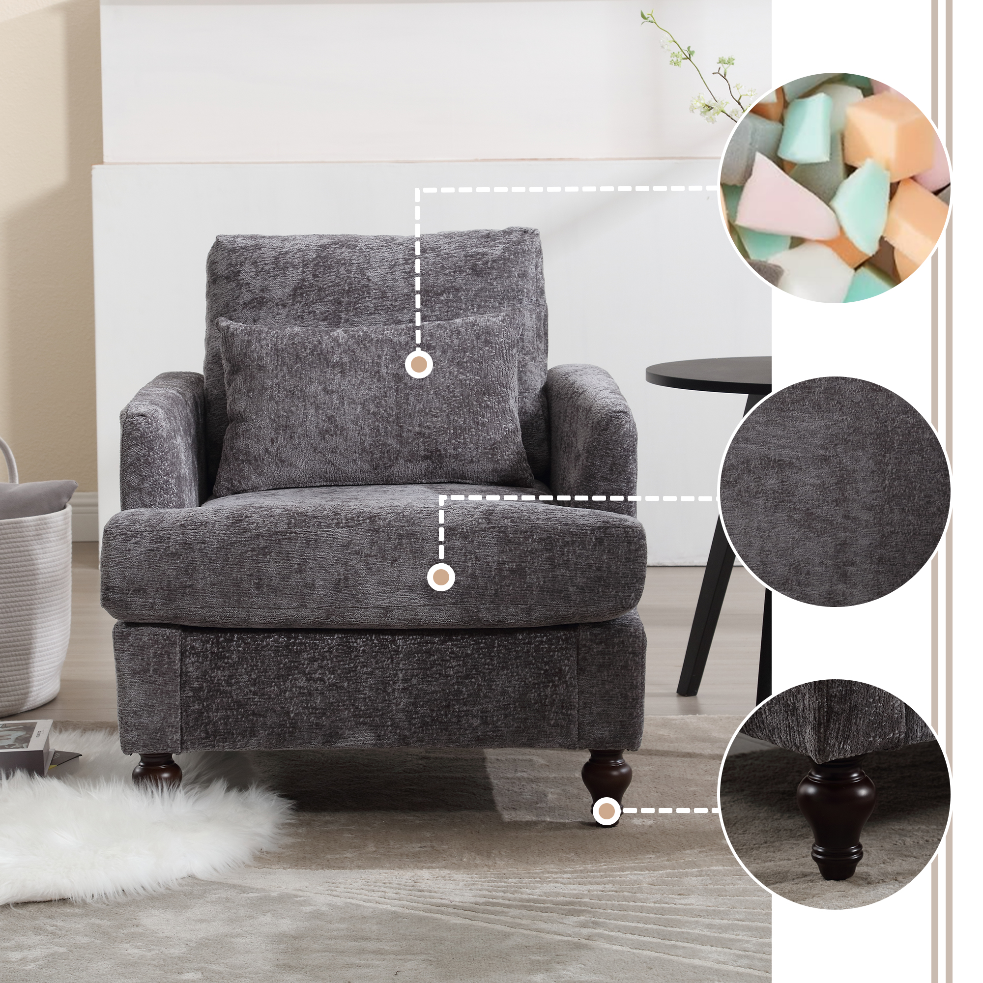 Fauteuil cadre bois moderne, chaise accent salon, tufté, gris chenille