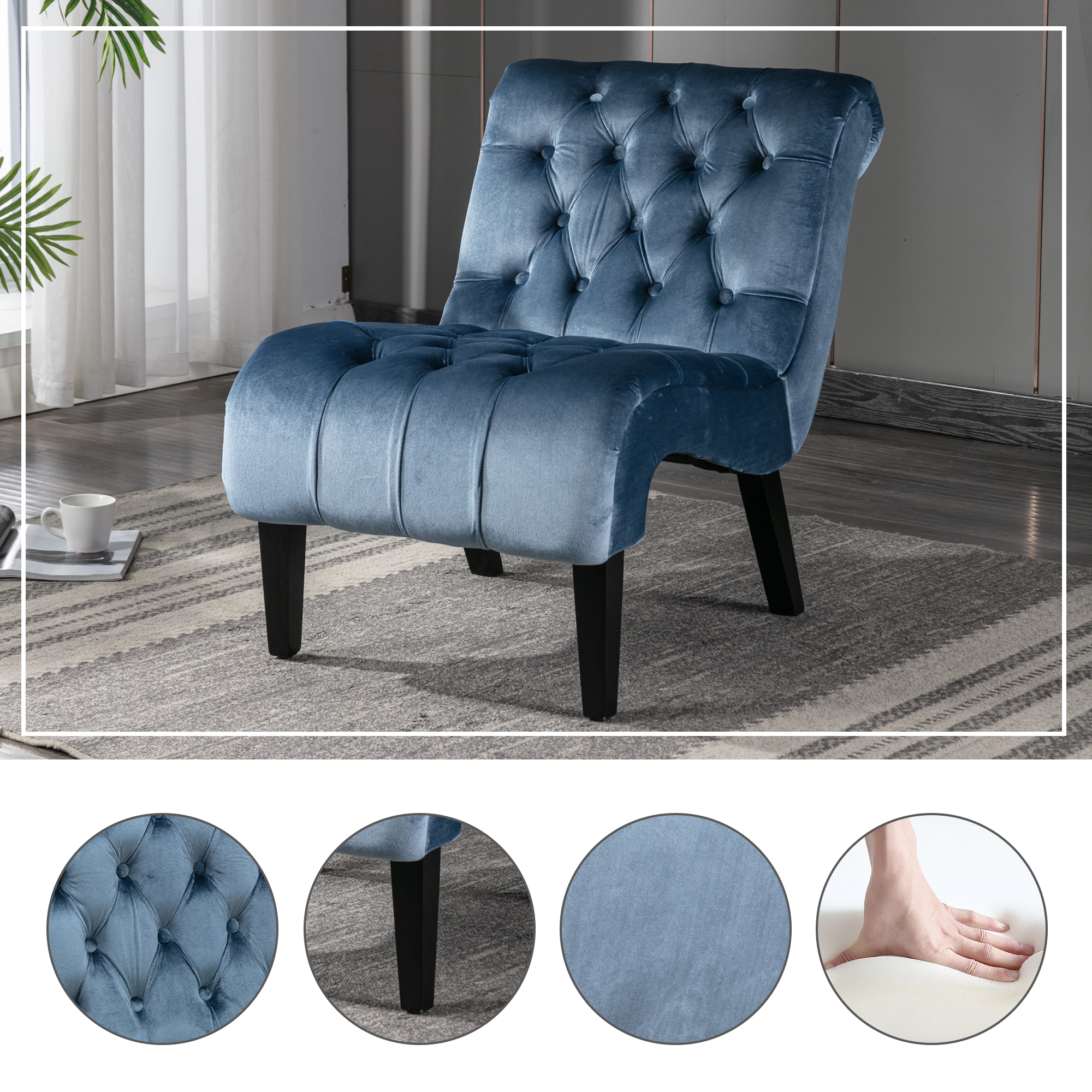 COOLMORE Fauteuil accent velours bleu ciel sans bras, jambes bois