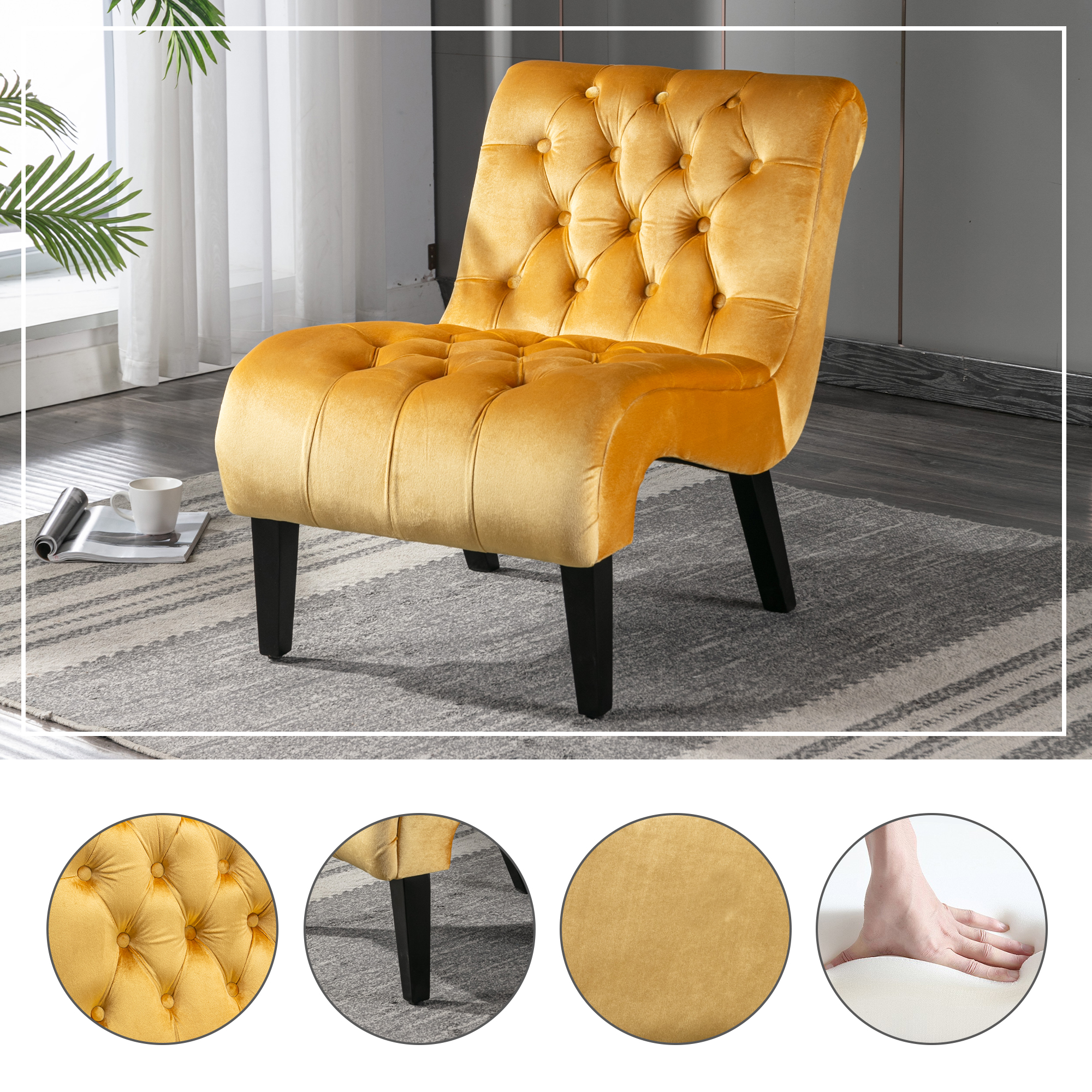 COOLMORE Fauteuil velours accent moutarde sans bras