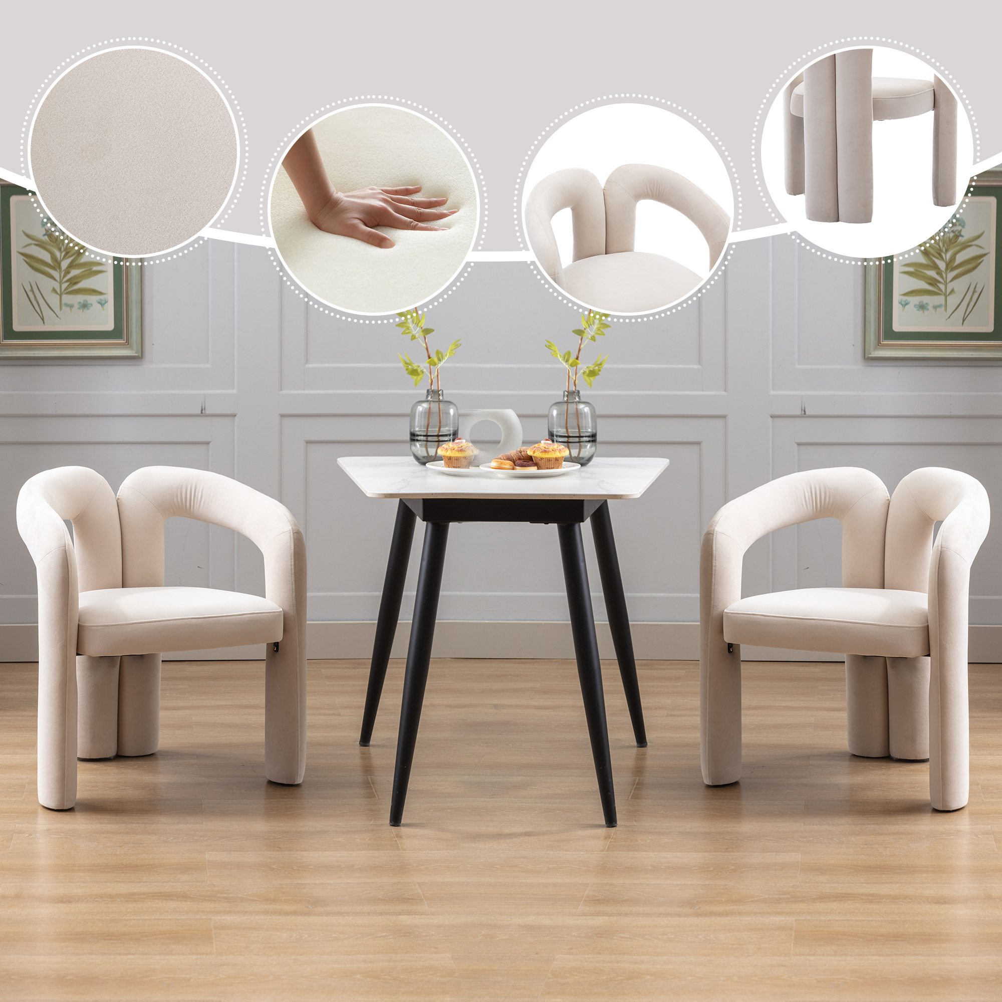 Ensemble 2 chaises accent velours beige, cuisine/salon, design contemporain