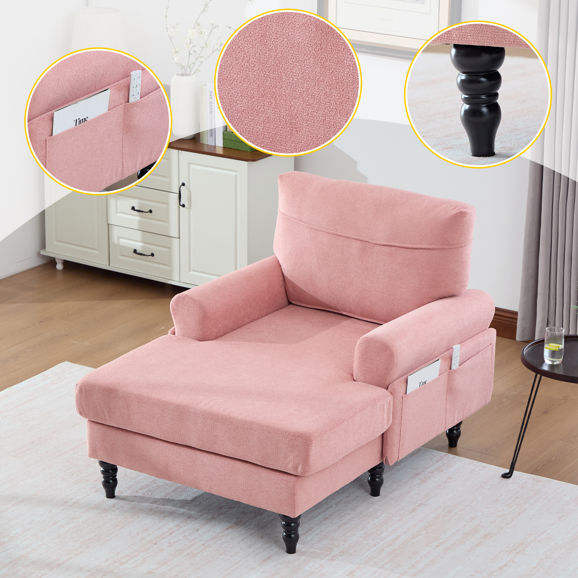 Méridienne chaise longue tissu chenille minimaliste bois