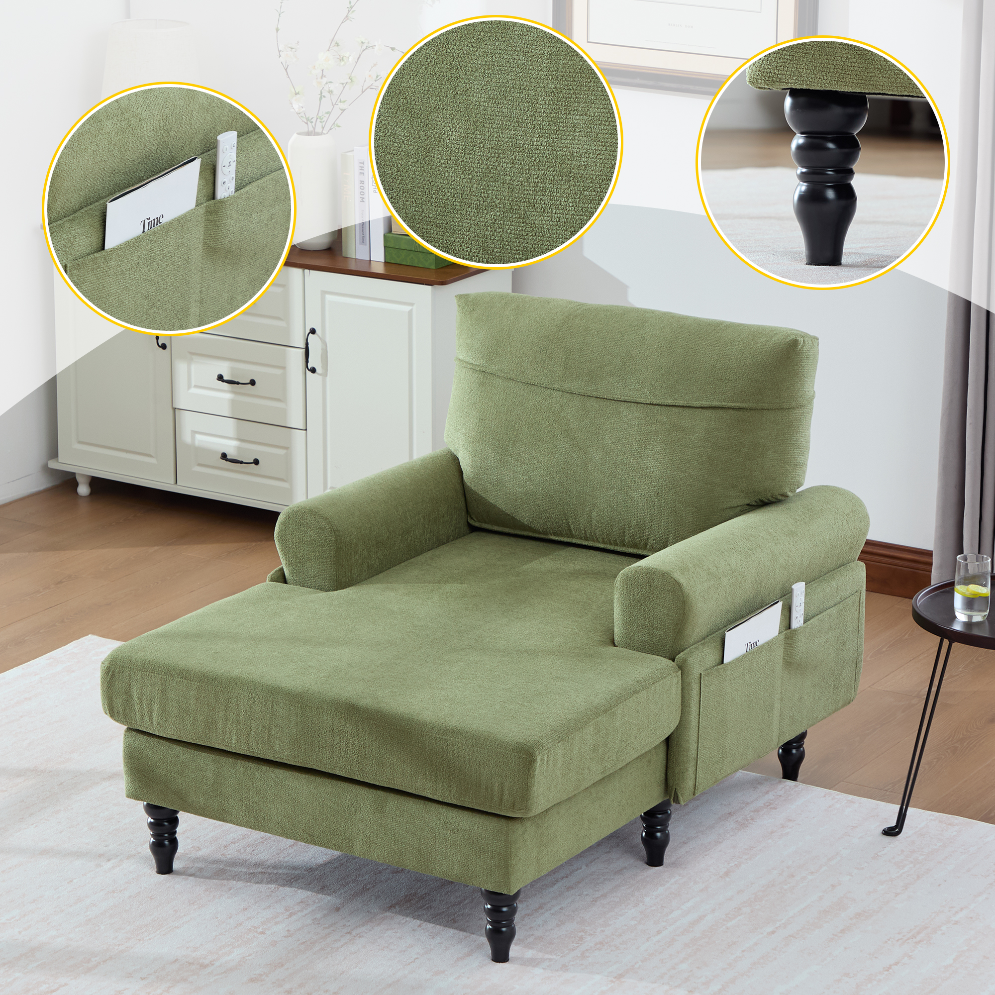 Méridienne chaise longue chenille, pieds bois, gris