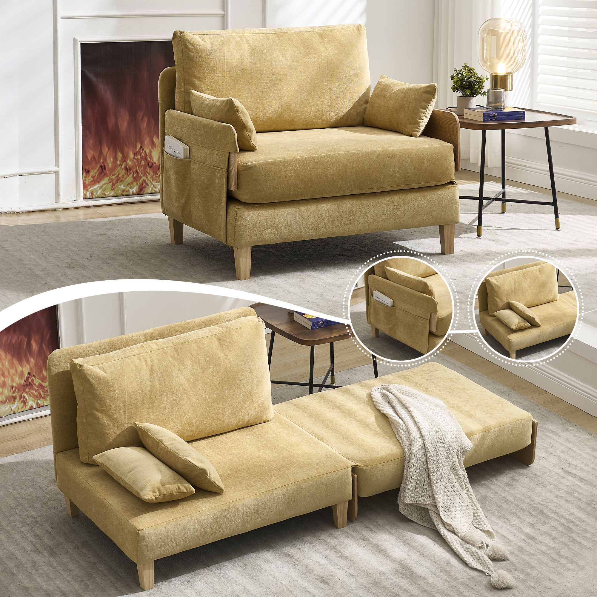Sofa lit réclineur 3-en-1 convertible moderne 3 coussins