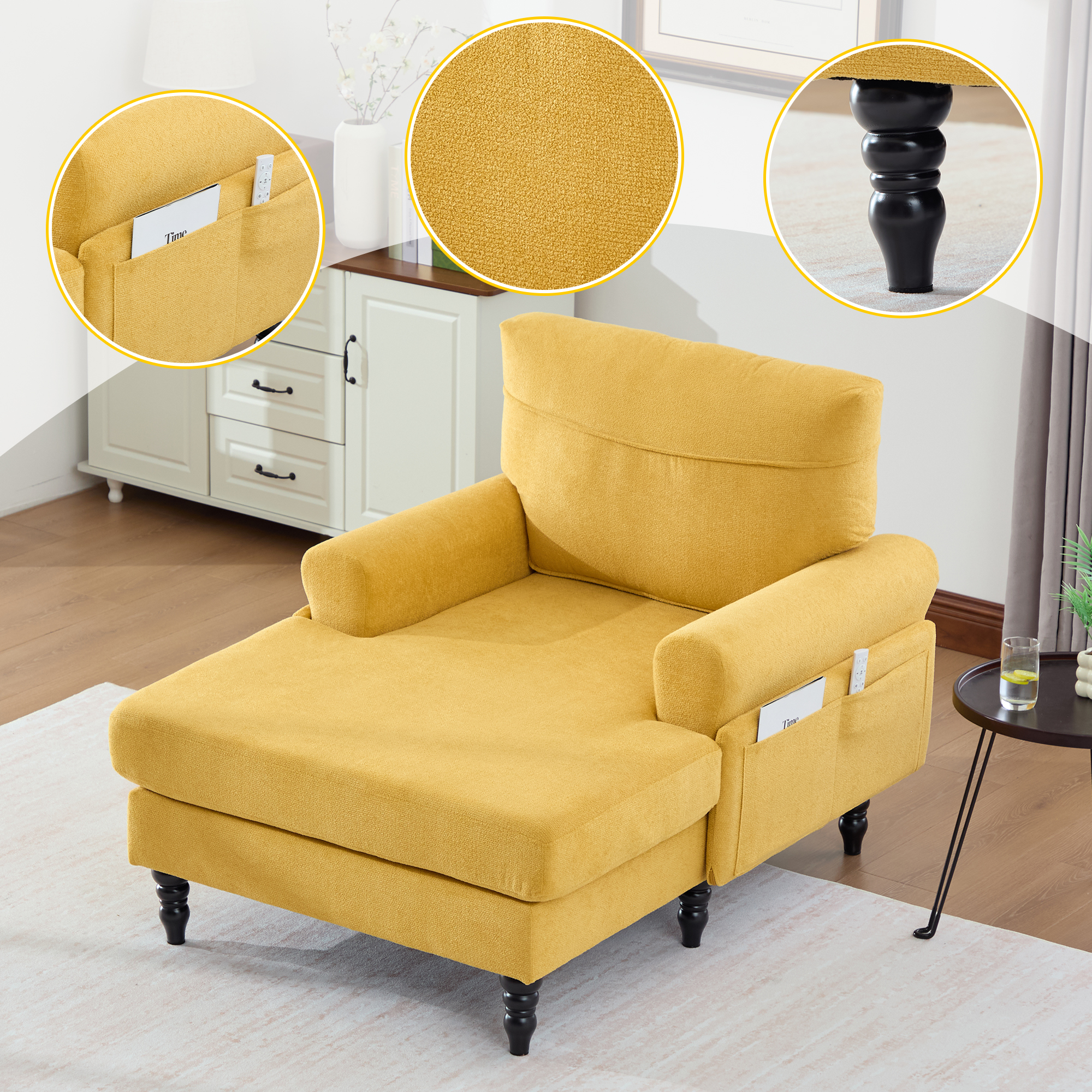 Méridienne chaise longue chenille, pieds bois, gris
