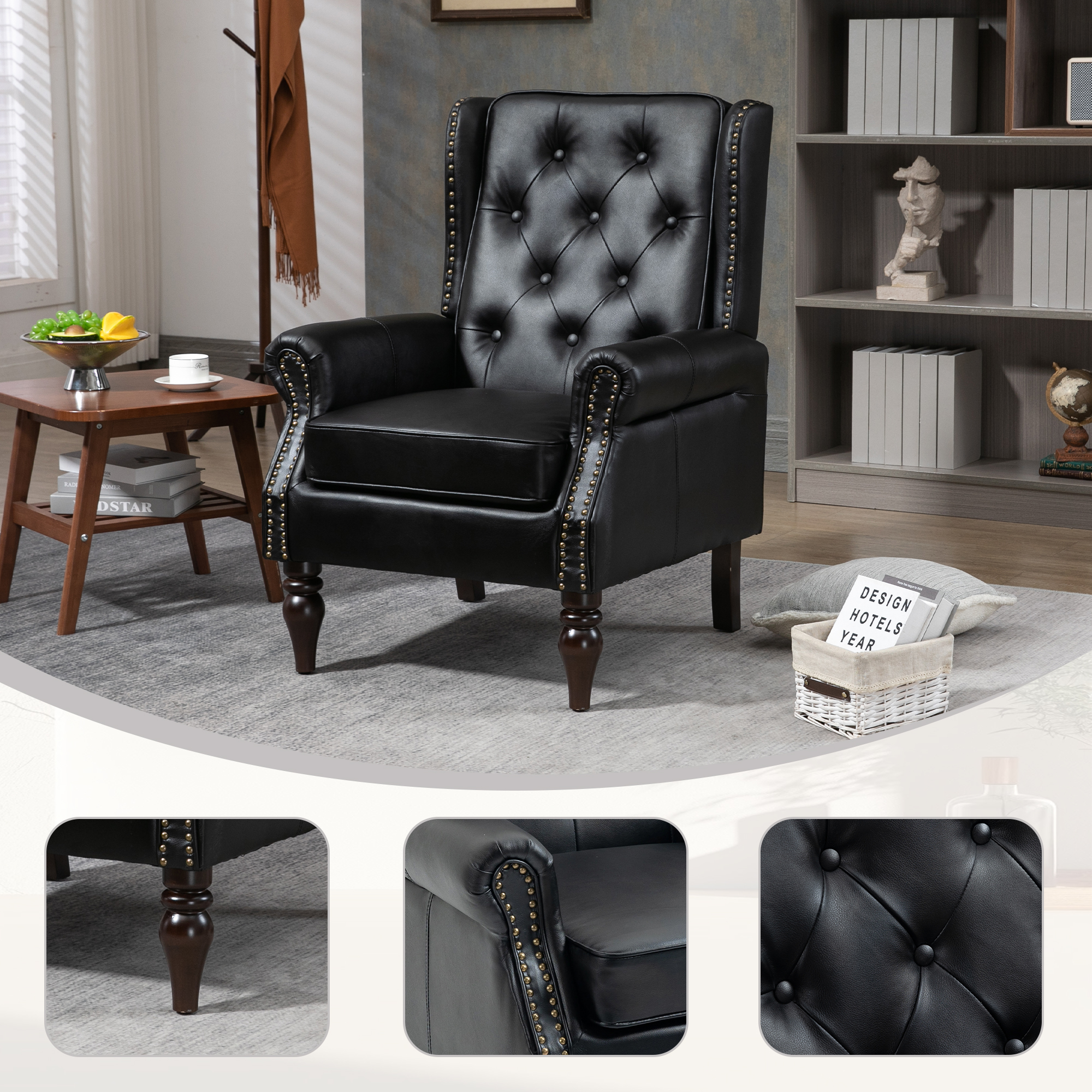 Fauteuil accentuation bois moderne pieds, cuir PU noir