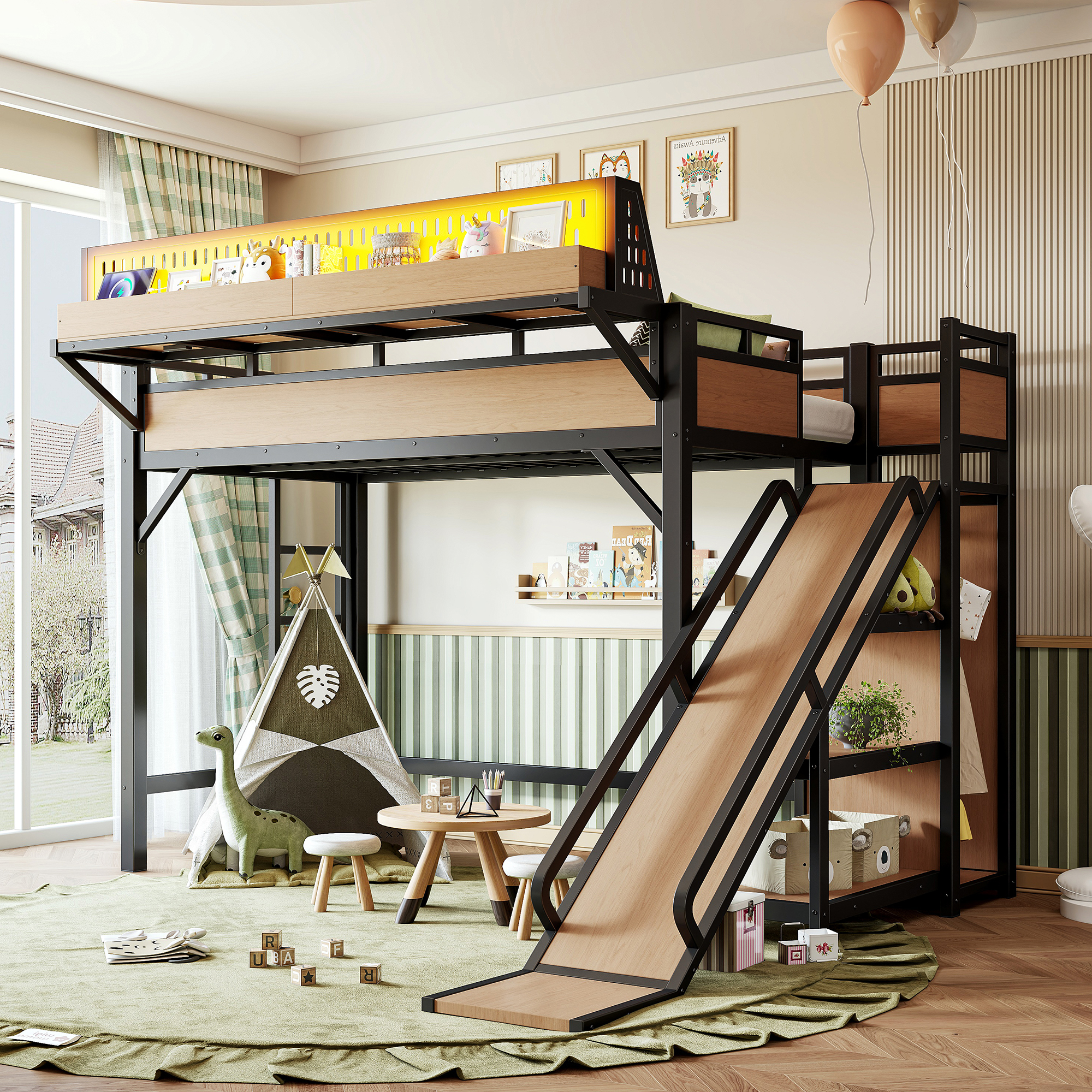 Lit mezzanine Twin XL avec glissade, rangements, armoire, LED, pegboard