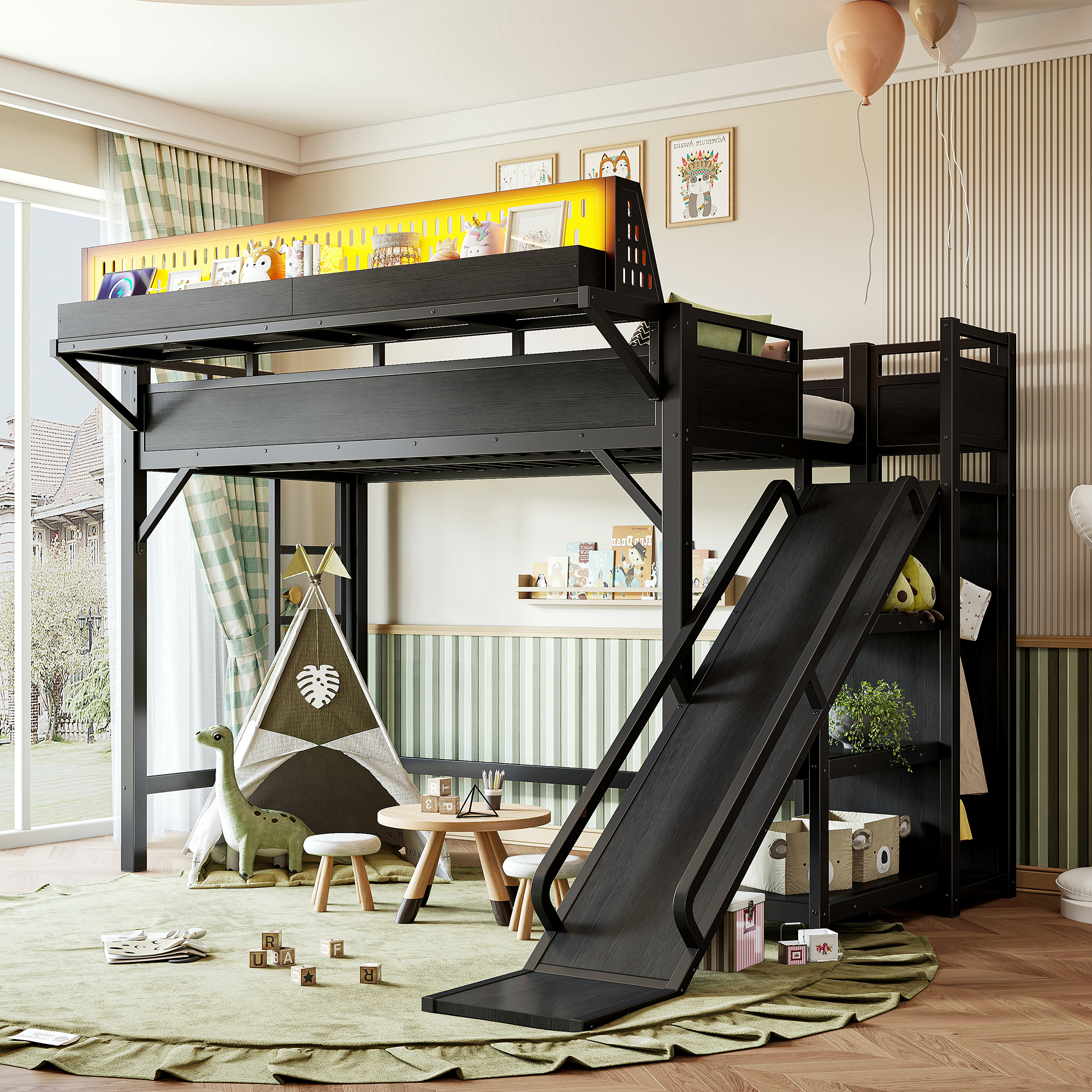 Lit mezzanine Twin XL glissoire, étagères, penderie, ports USB LED