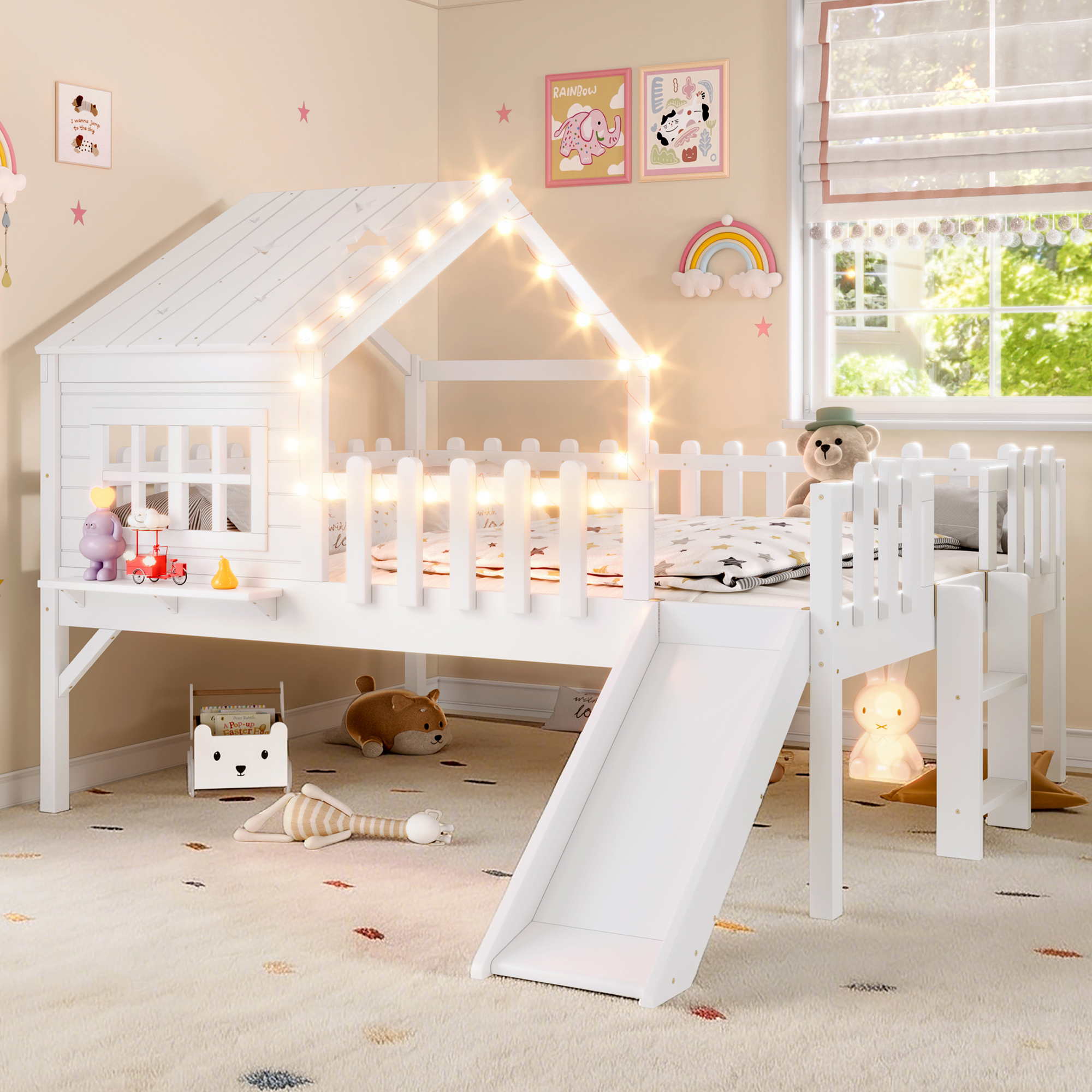 Lit mezzanine maison entier glissade fenêtres LED blanc sans ressorts