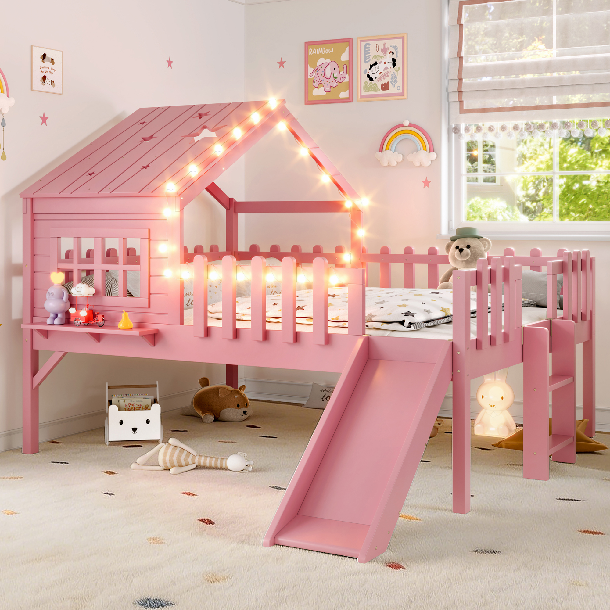 Lit mezzanine enfant glissoire rose LED playhouse