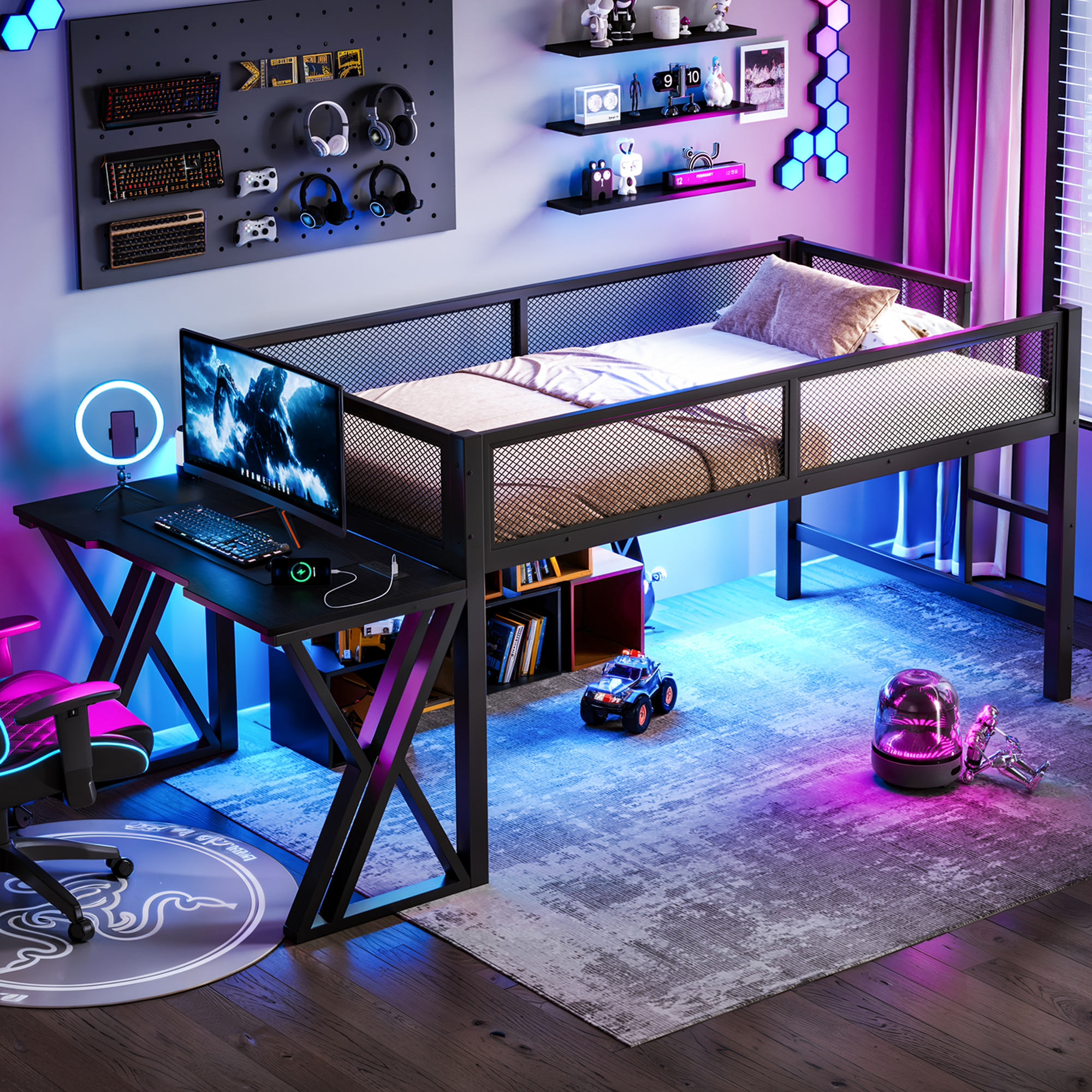 Lit mezzanine gamer Twin XL bureau LED USB escalier noir