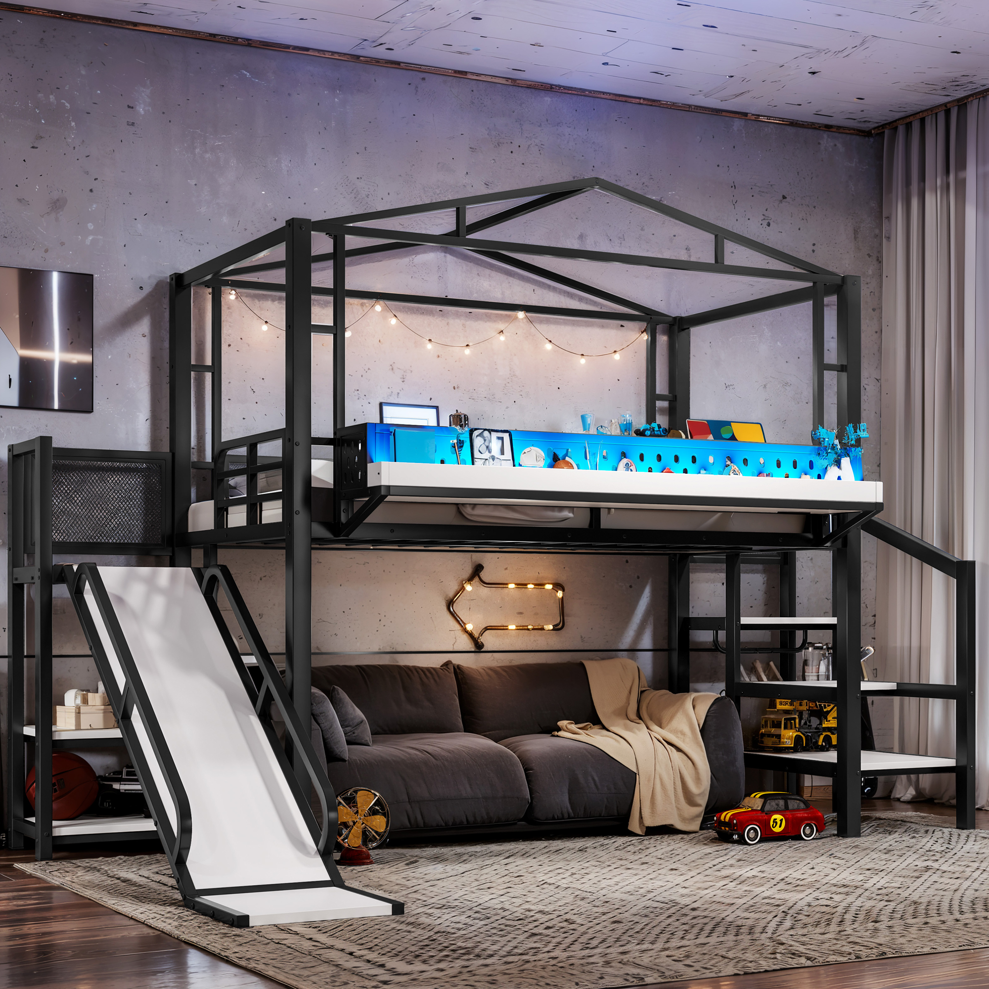 Lit mezzanine Twin, escalier rangement, USB, LED, noir