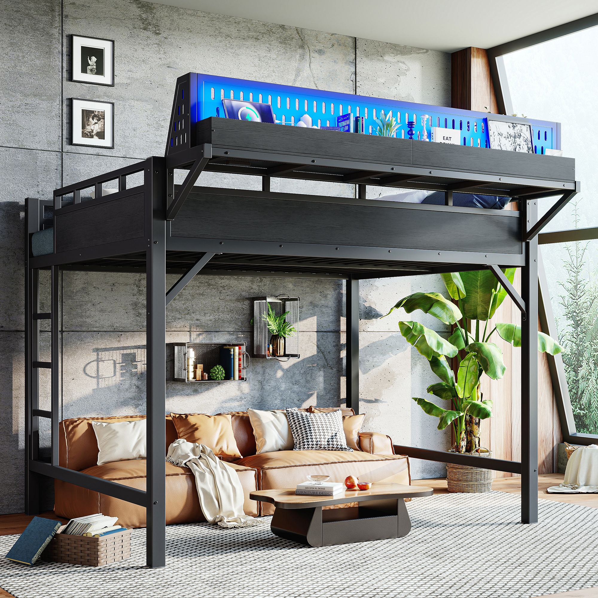 Lit mezzanine Queen avec rangements et tableau perforé, ports USB et LED