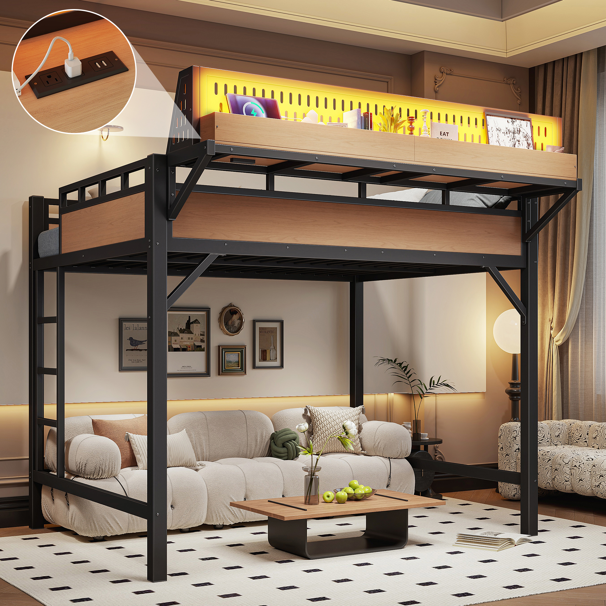 Lit mezzanine Full, rangement étagères, ports USB, LED, naturel