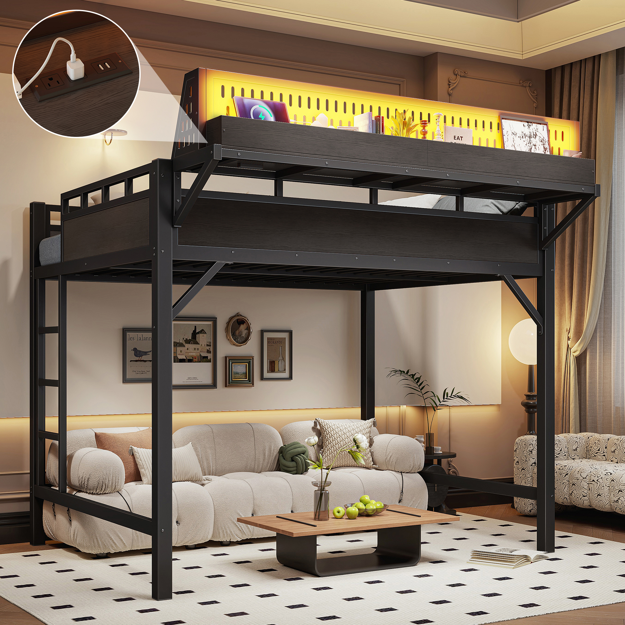 Lit mezzanine lit complet rangement, LED, ports USB, noir