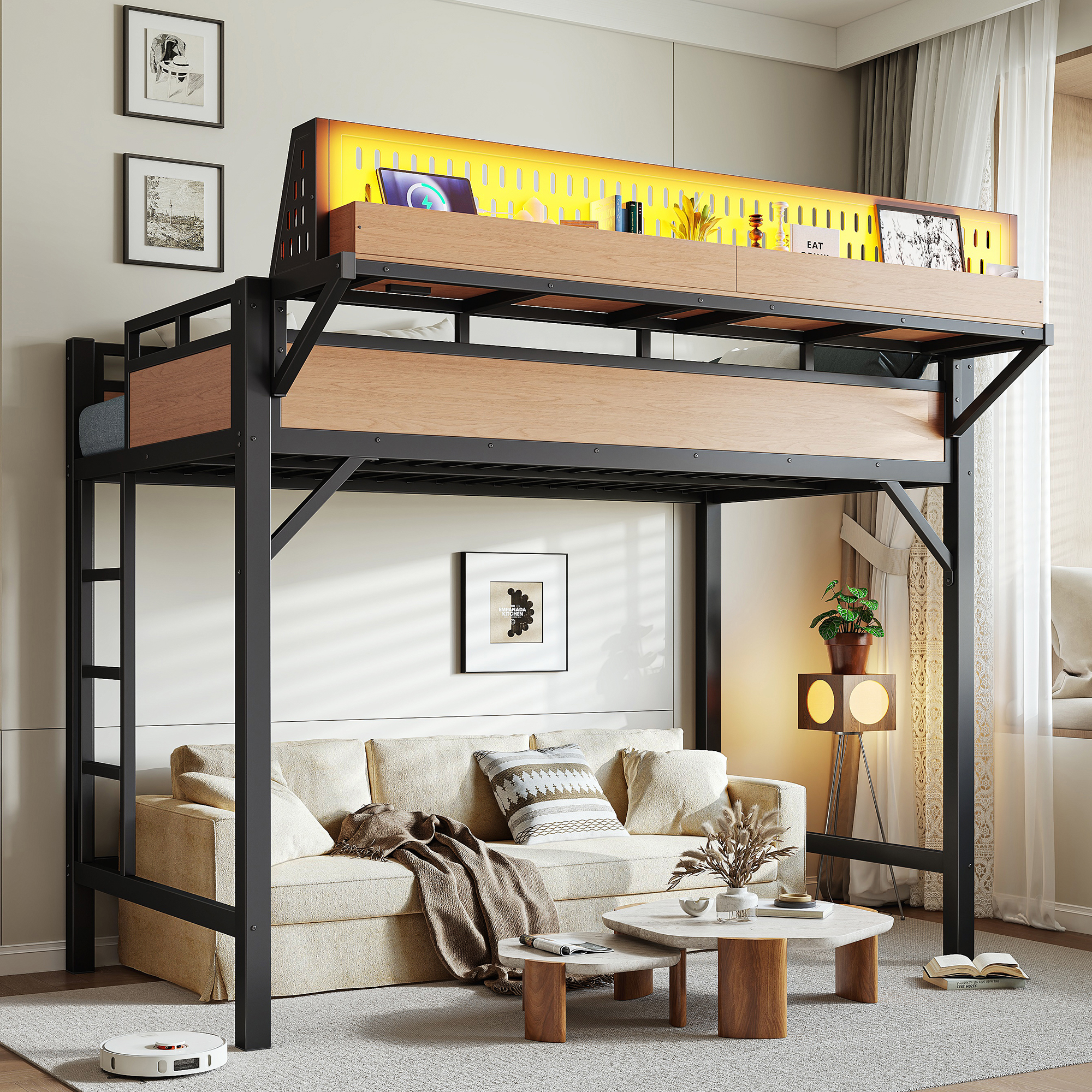 Lit mezzanine format Twin XL, rangement, LED, naturel