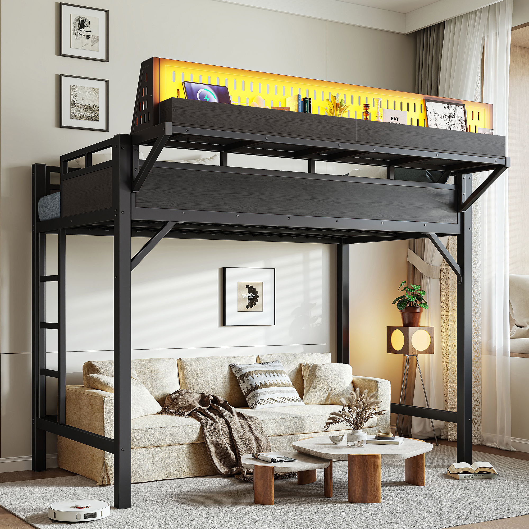 Lit mezzanine Twin XL, rangement étagères, USB, LED, noir