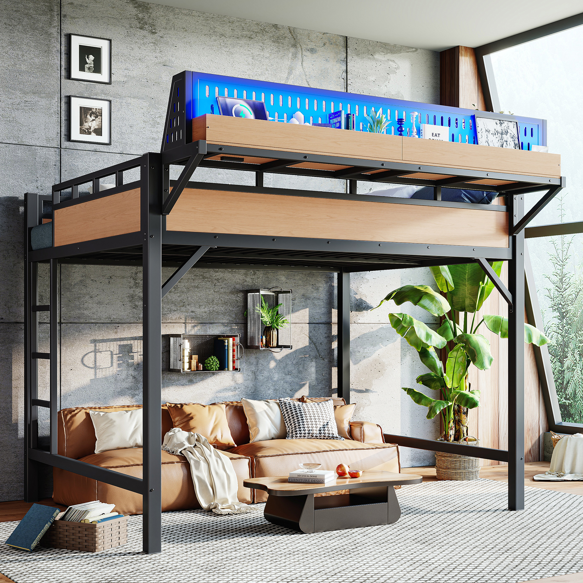 Cadre lit mezzanine queen avec rangement, tablettes, DEL, naturel