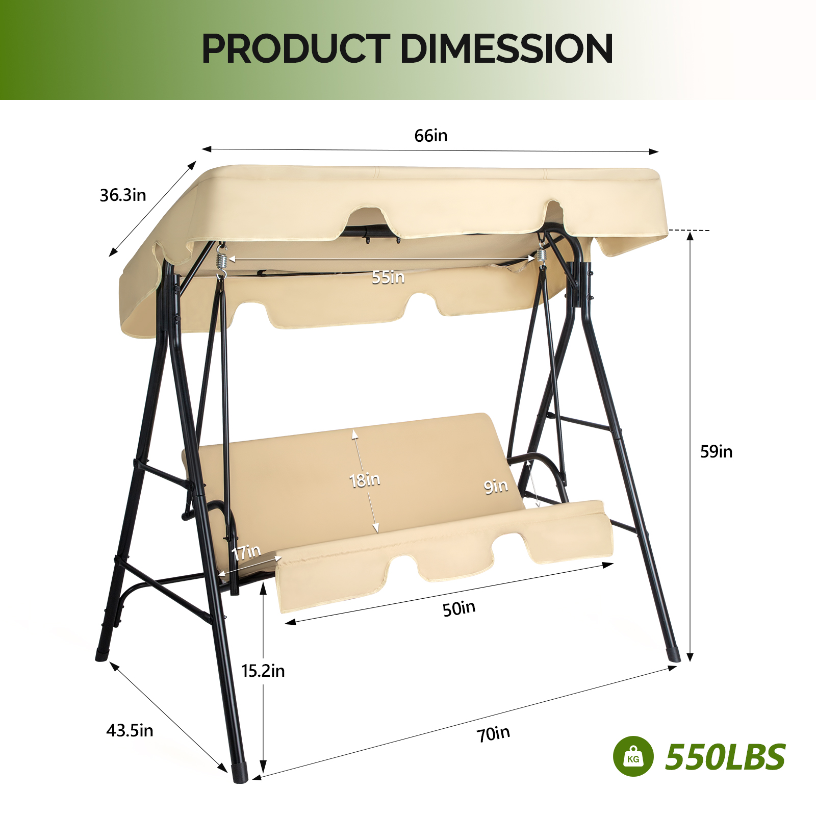 Balançoire patio 3 personnes 550lbs auvent kaki coussin