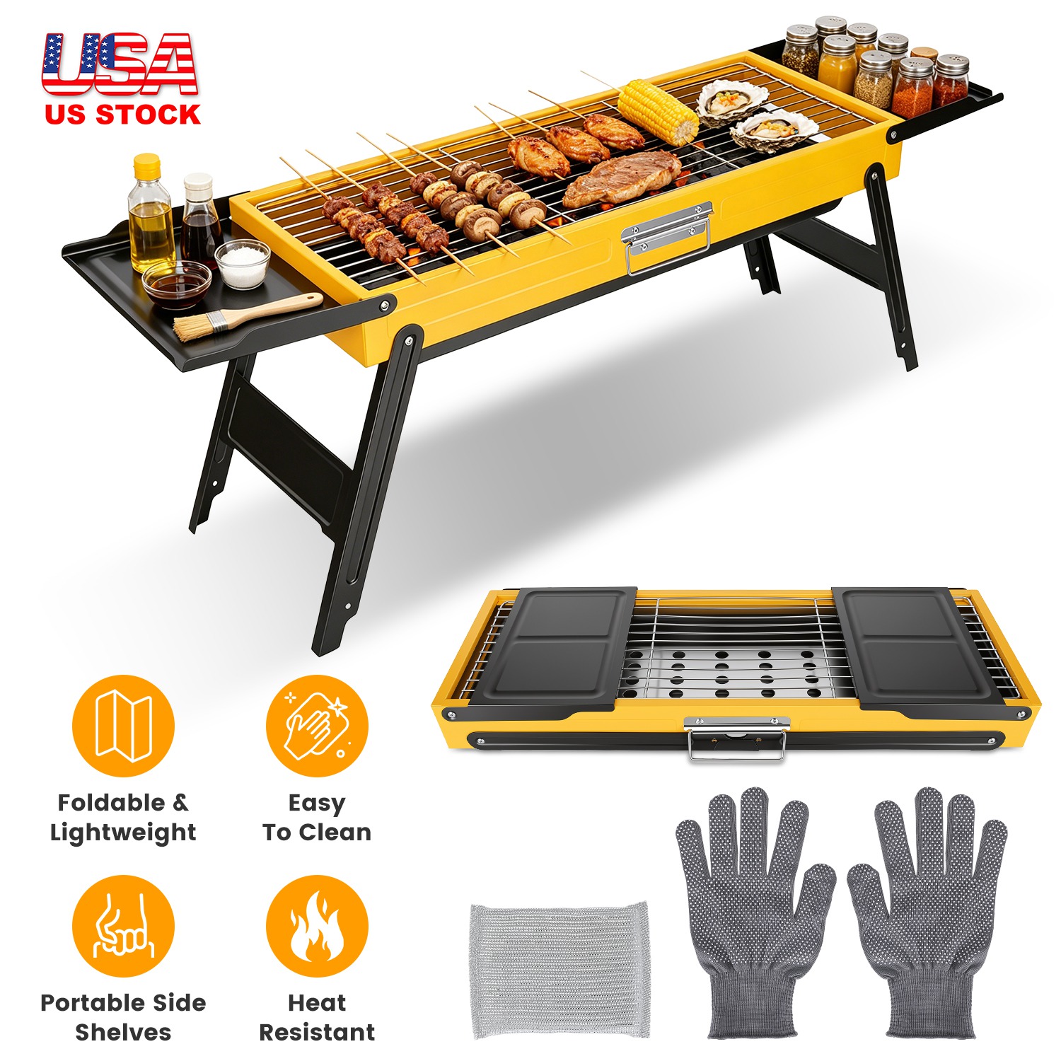 BBQ camping charbon portable acier inoxydable pliable avec poignée