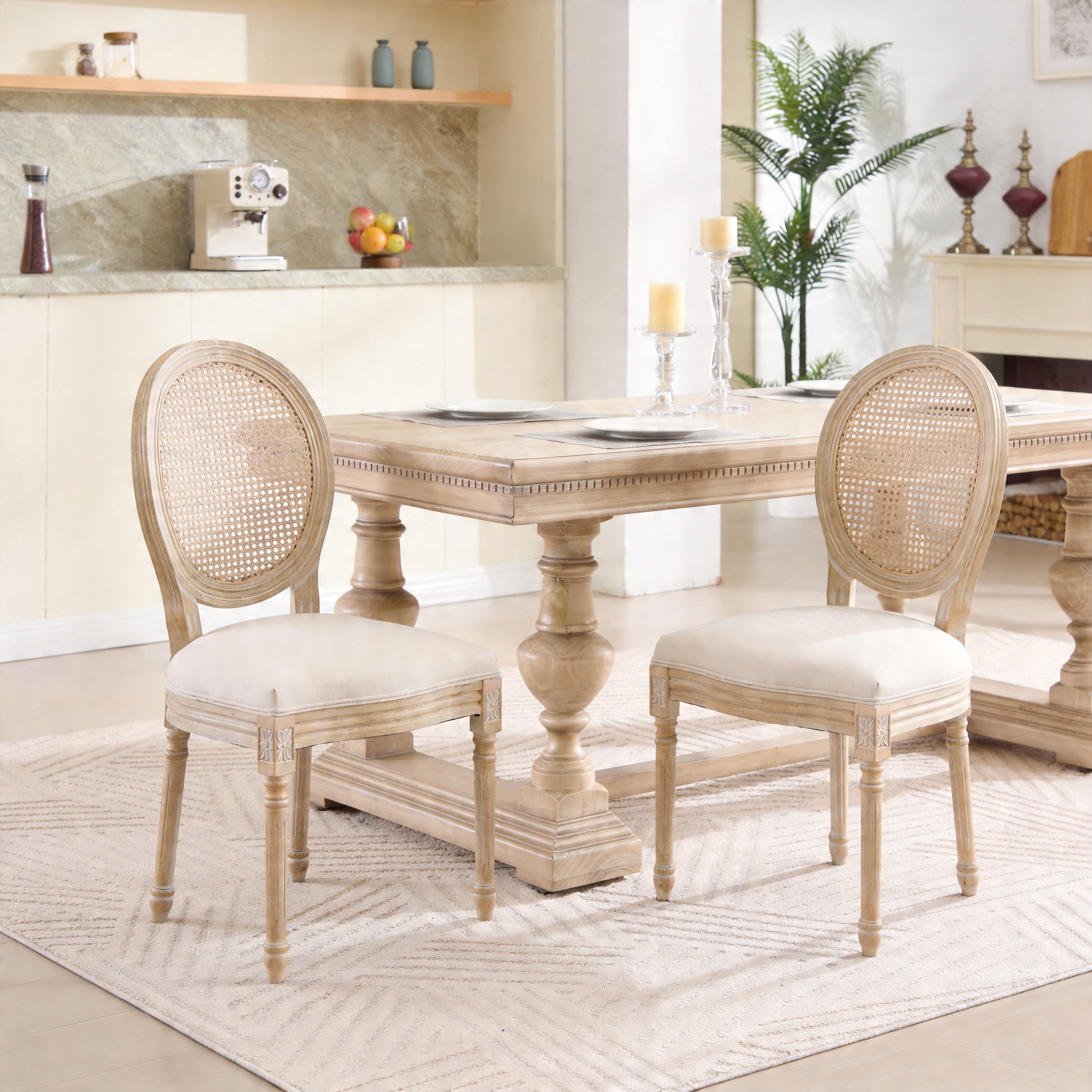 Chaises salle à manger français 2x, dossier rotin beige