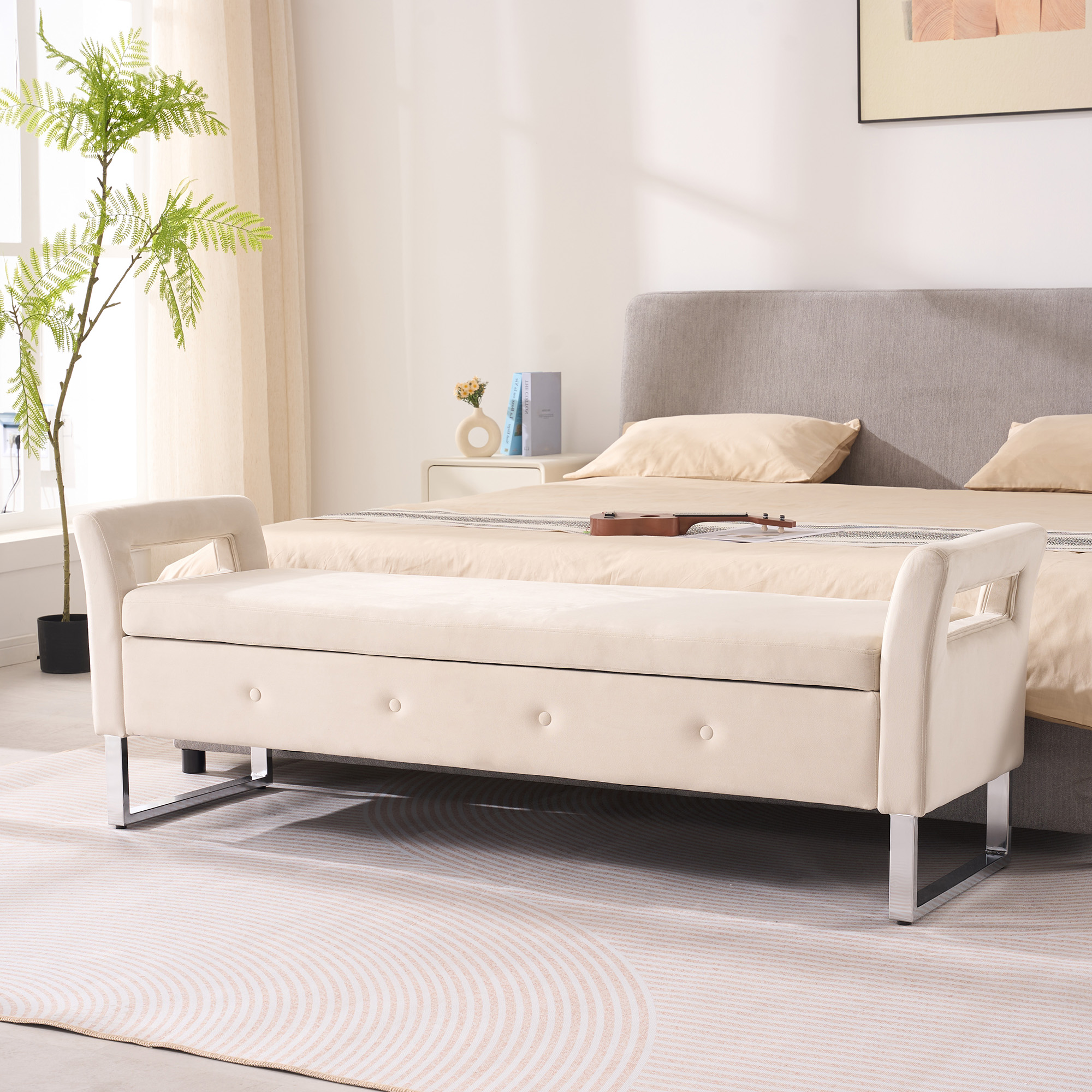 Banc rangement velours 67,91 po, accoudoirs, beige