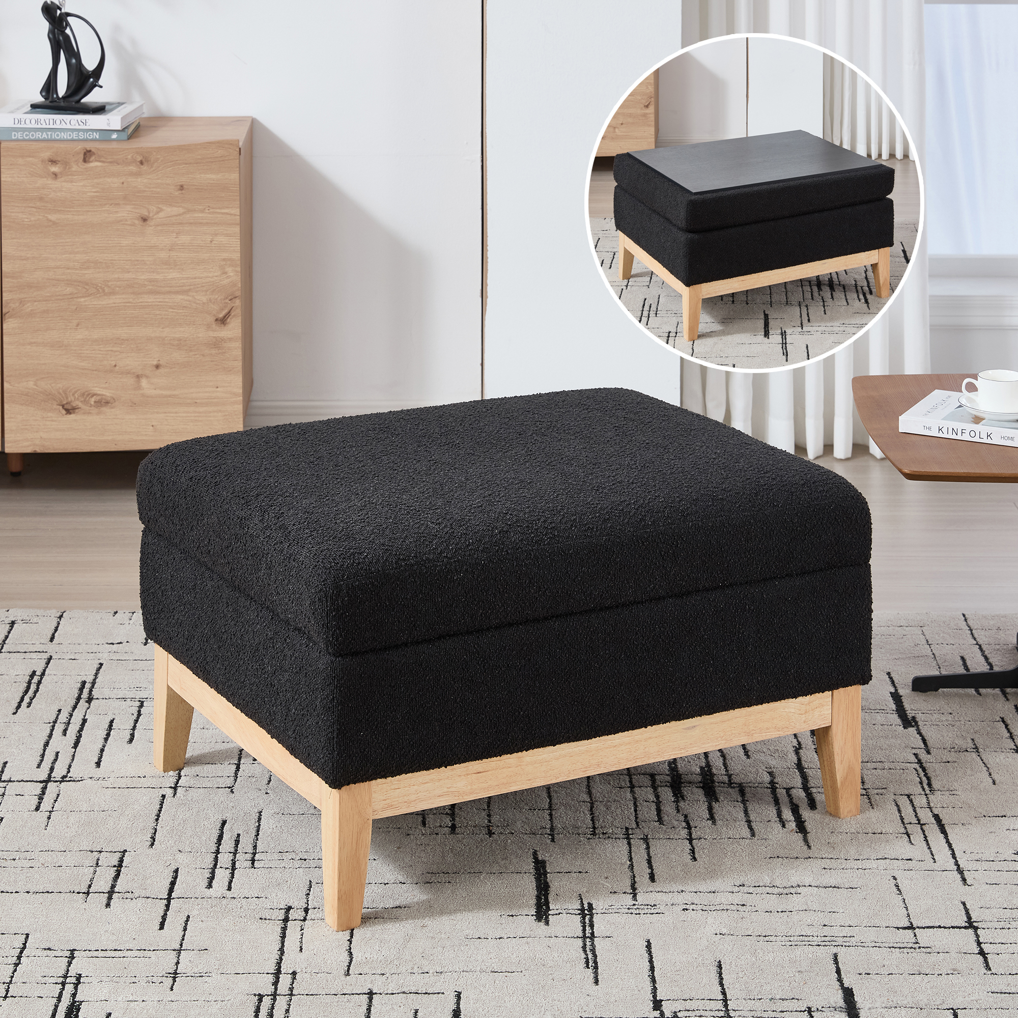 Pouf rangement 33,86L velours noir couvercle réversible