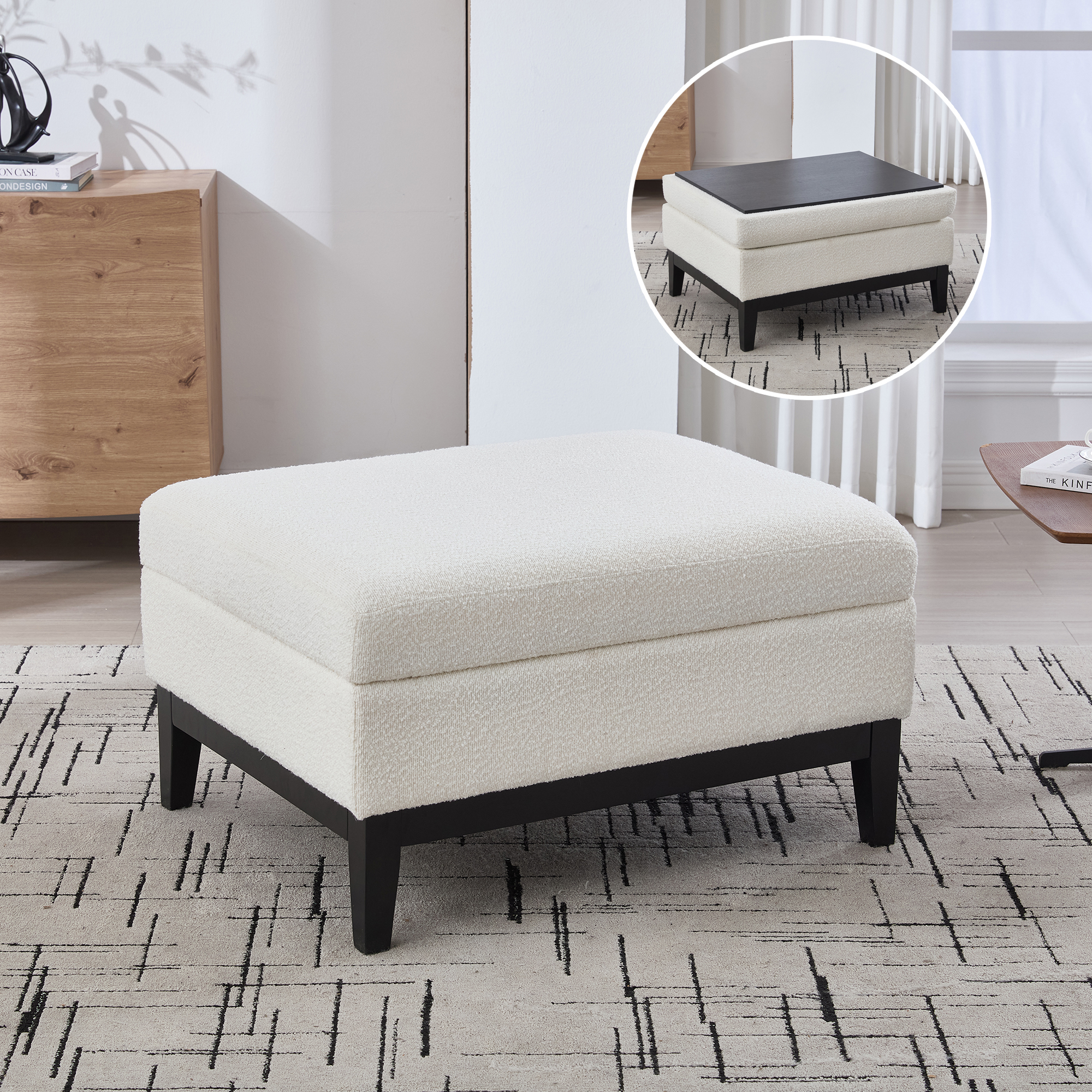 Pouf de rangement 33,86 po base bois rembourré, tabouret café ivoire