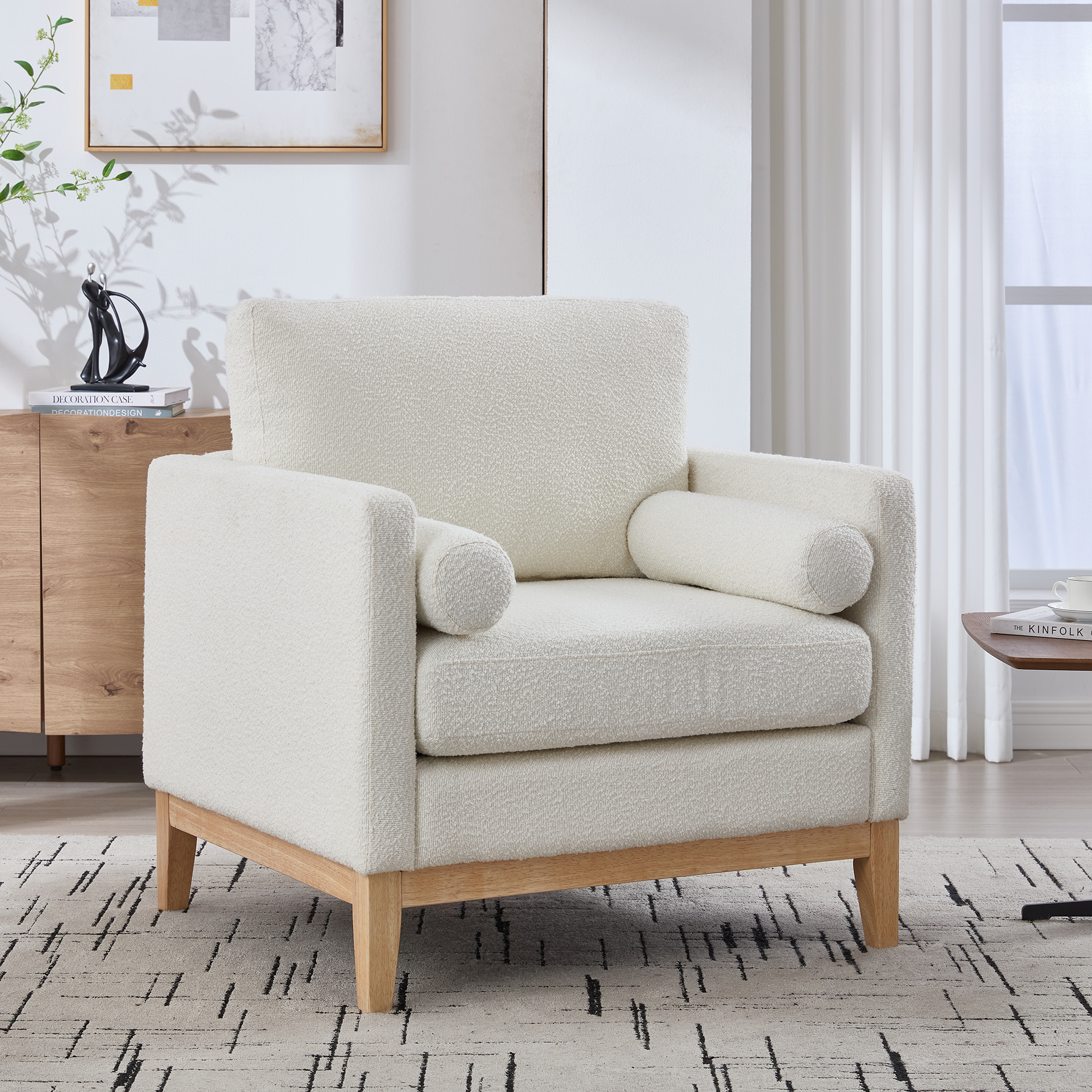 Fauteuil accent 35,4po farmhouse bois, coussins, ivoire
