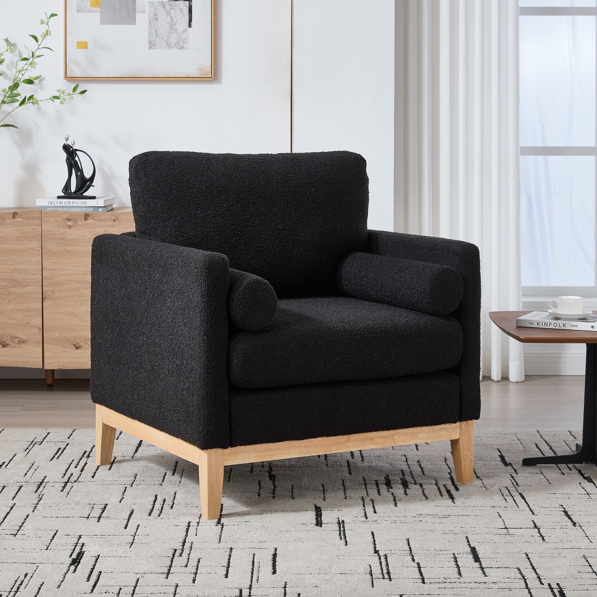 Fauteuil farmhouse 35,4po, pieds bois, tissu noir