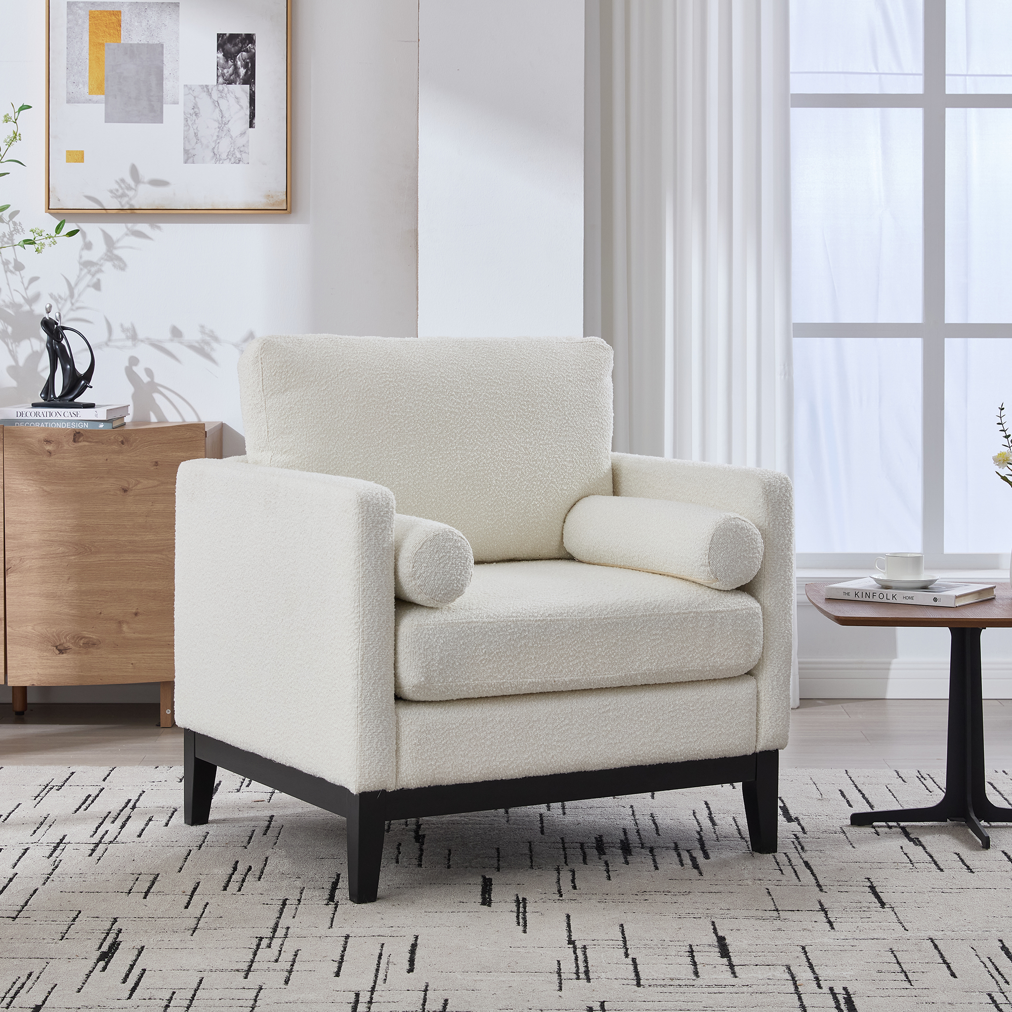 Fauteuil farmhouse 35,4po, pieds noir, tissu ivoire
