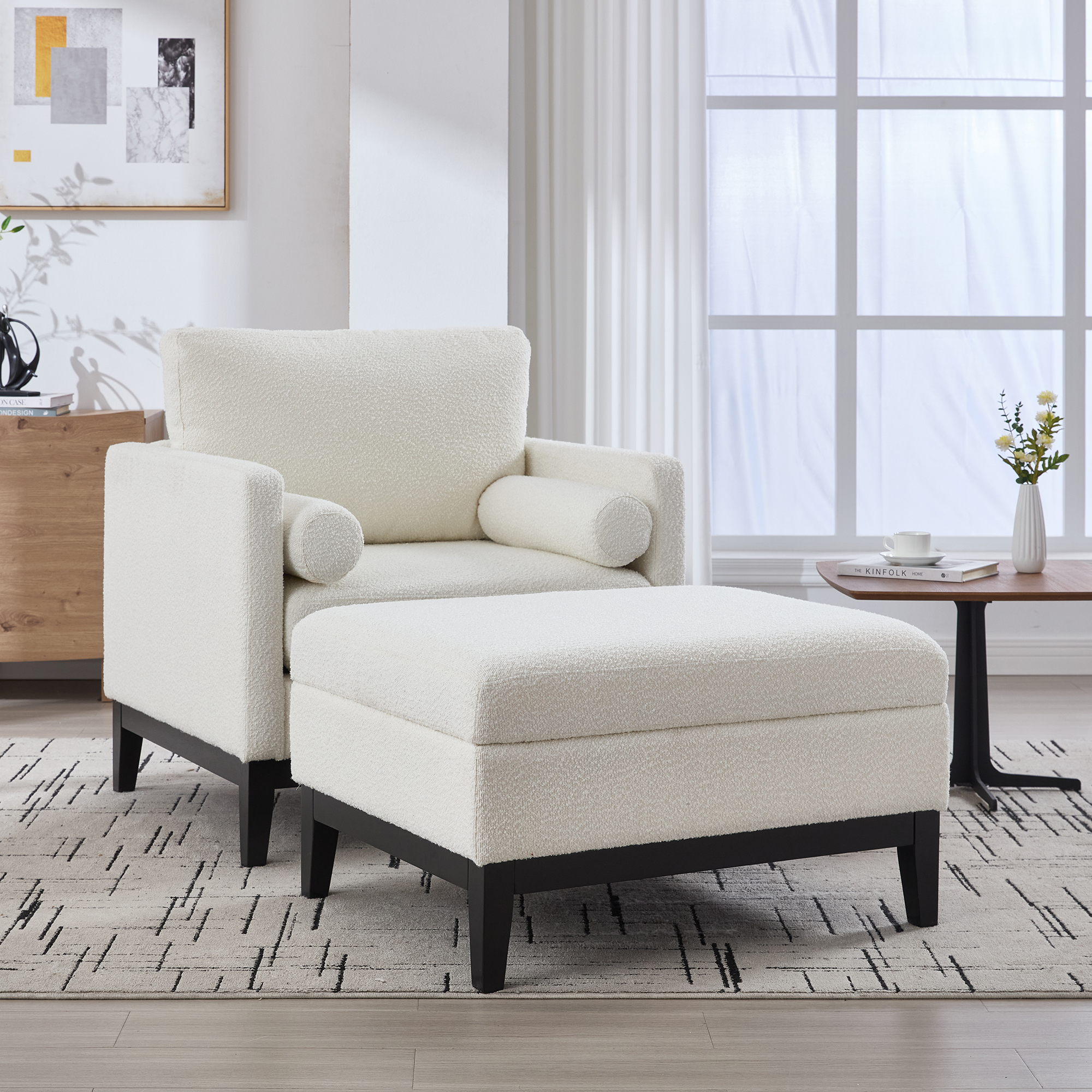 Fauteuil accent 35,4 po, base bois rustique, ottoman réversible, beige bouclé