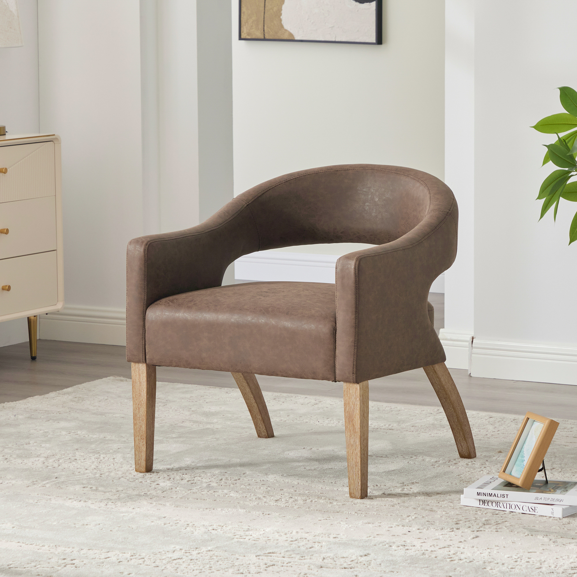 Fauteuil barrel PU dossier ouvert, pieds bois teinté