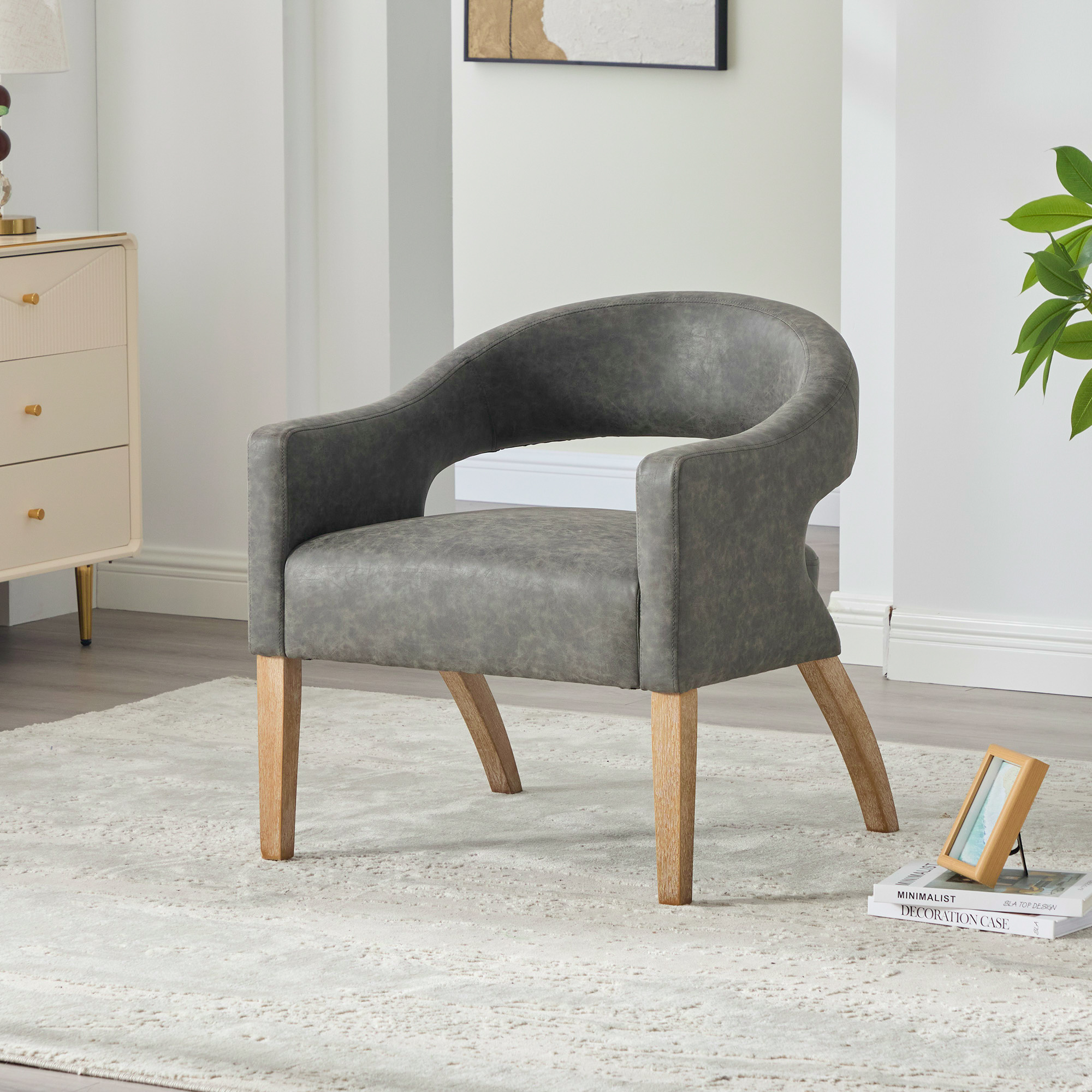 Fauteuil cuir PU dossier ouvert jambes bois gris