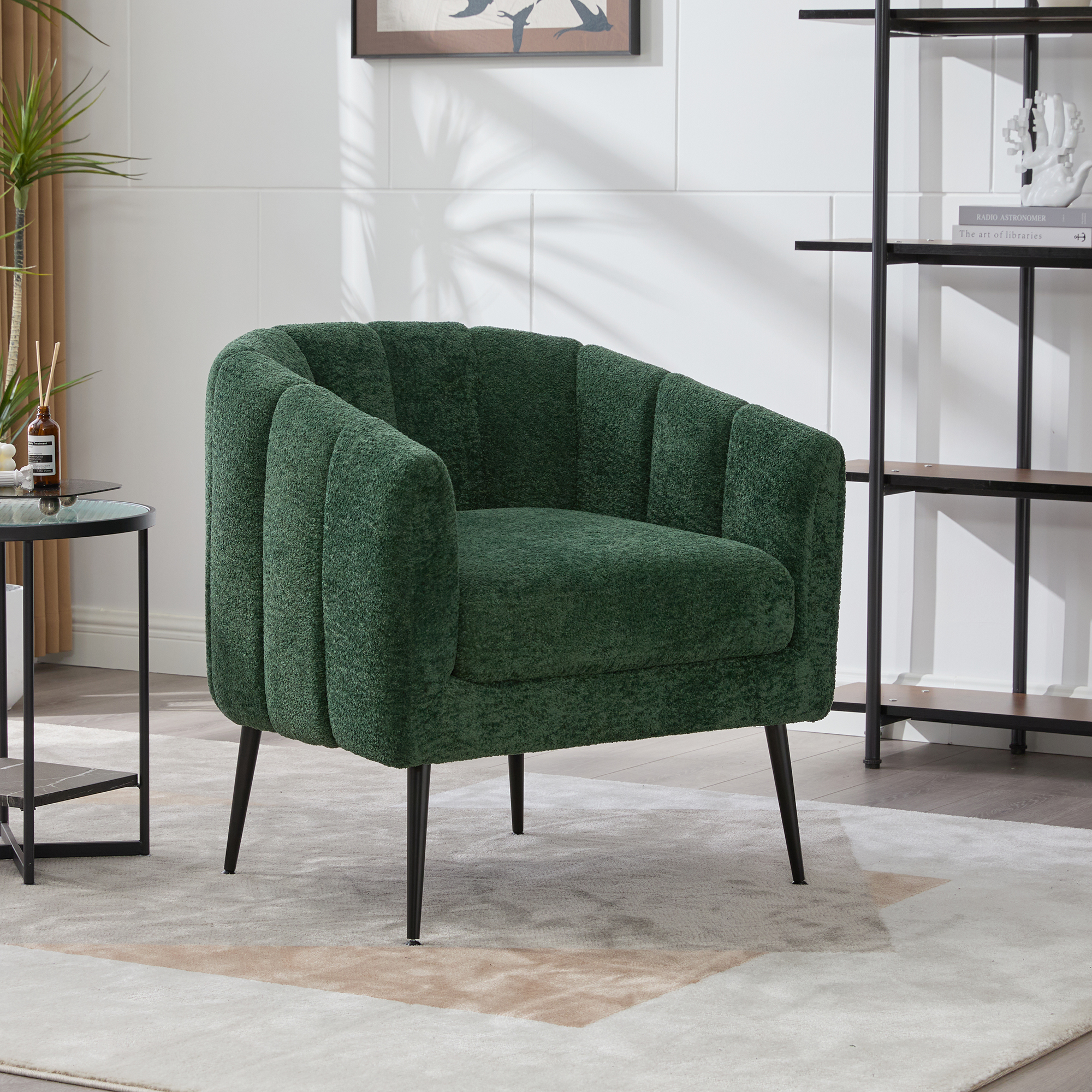 Chaise tonneau 29,9", chenille, pieds métal, vert