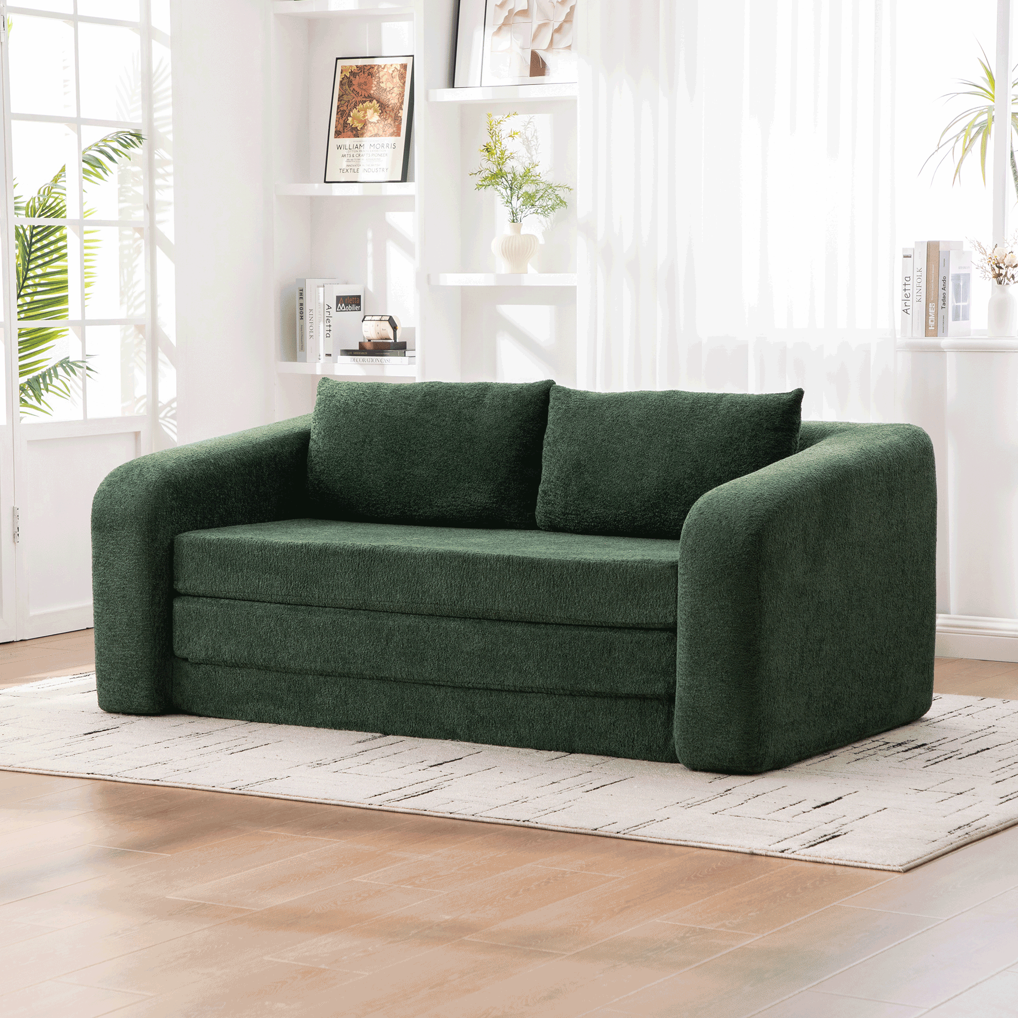Causeuse dépliable 71po, matelas nuage, chenille vert