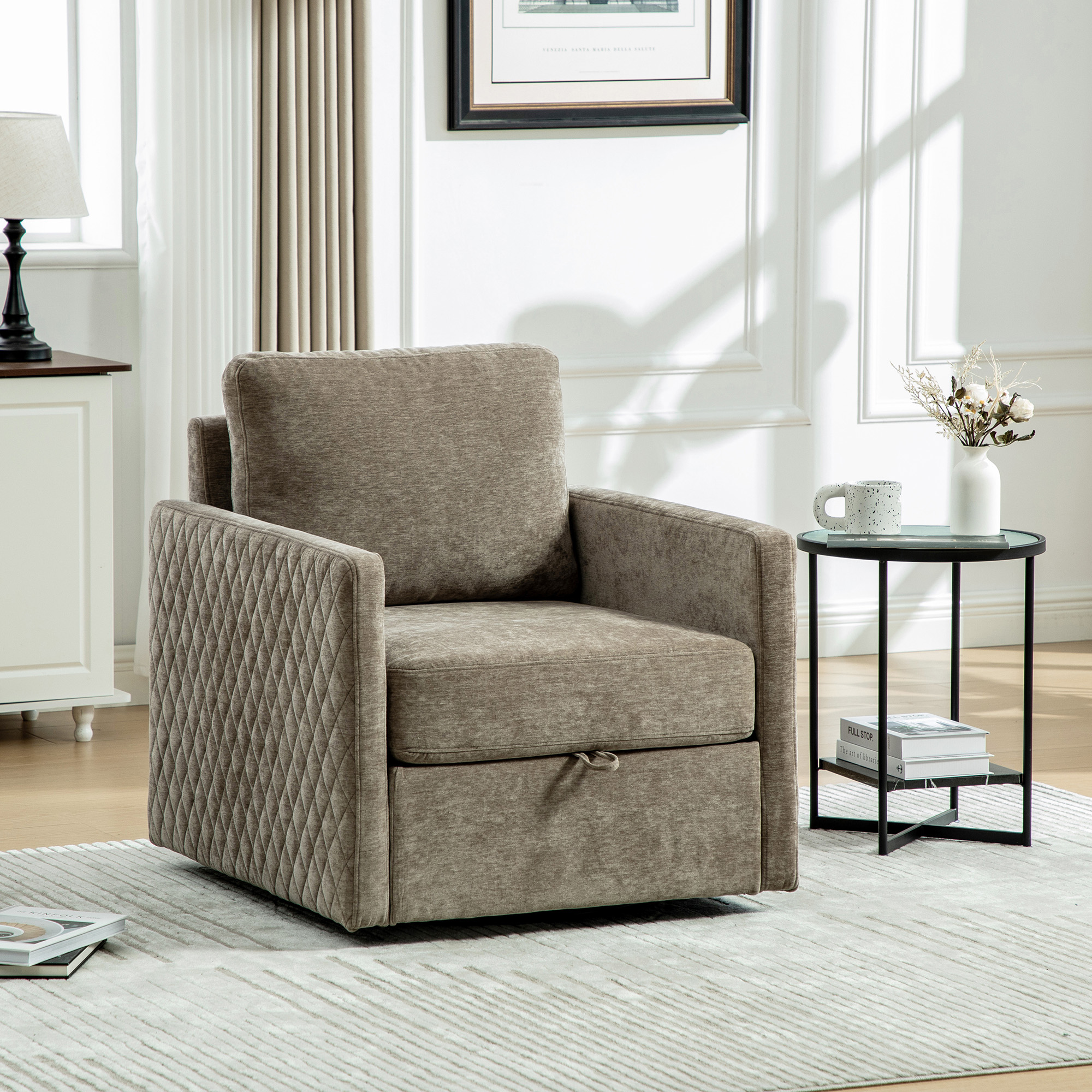 Fauteuil pivotant 29,5 po, rangement caché, accoudoirs tufté losange, beige