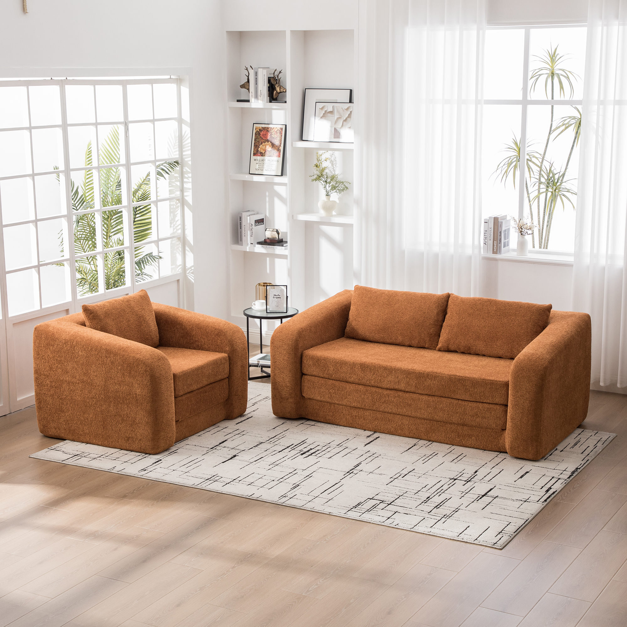 Ensemble canapé lit 2 pièces chenille convertible avec oreiller orange