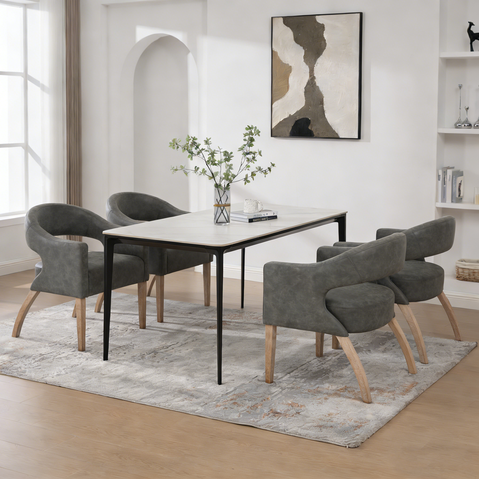 Ensemble 4 chaises salle à manger PU, pieds bois caoutchouc, gris