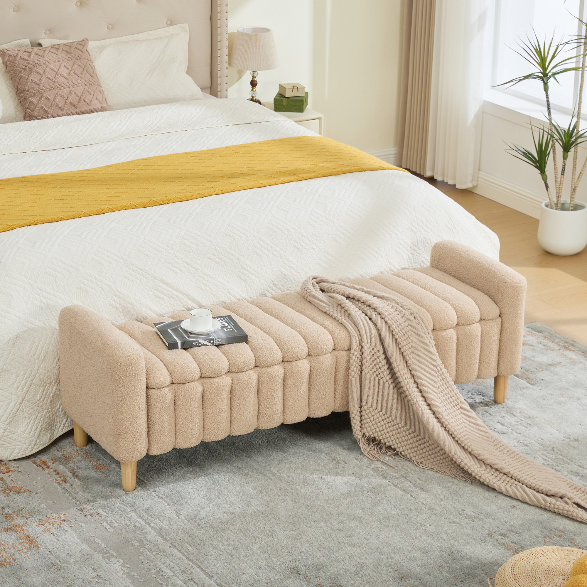Banc bout de lit 63,4 po, matelassé vague, rangement, bois massif
