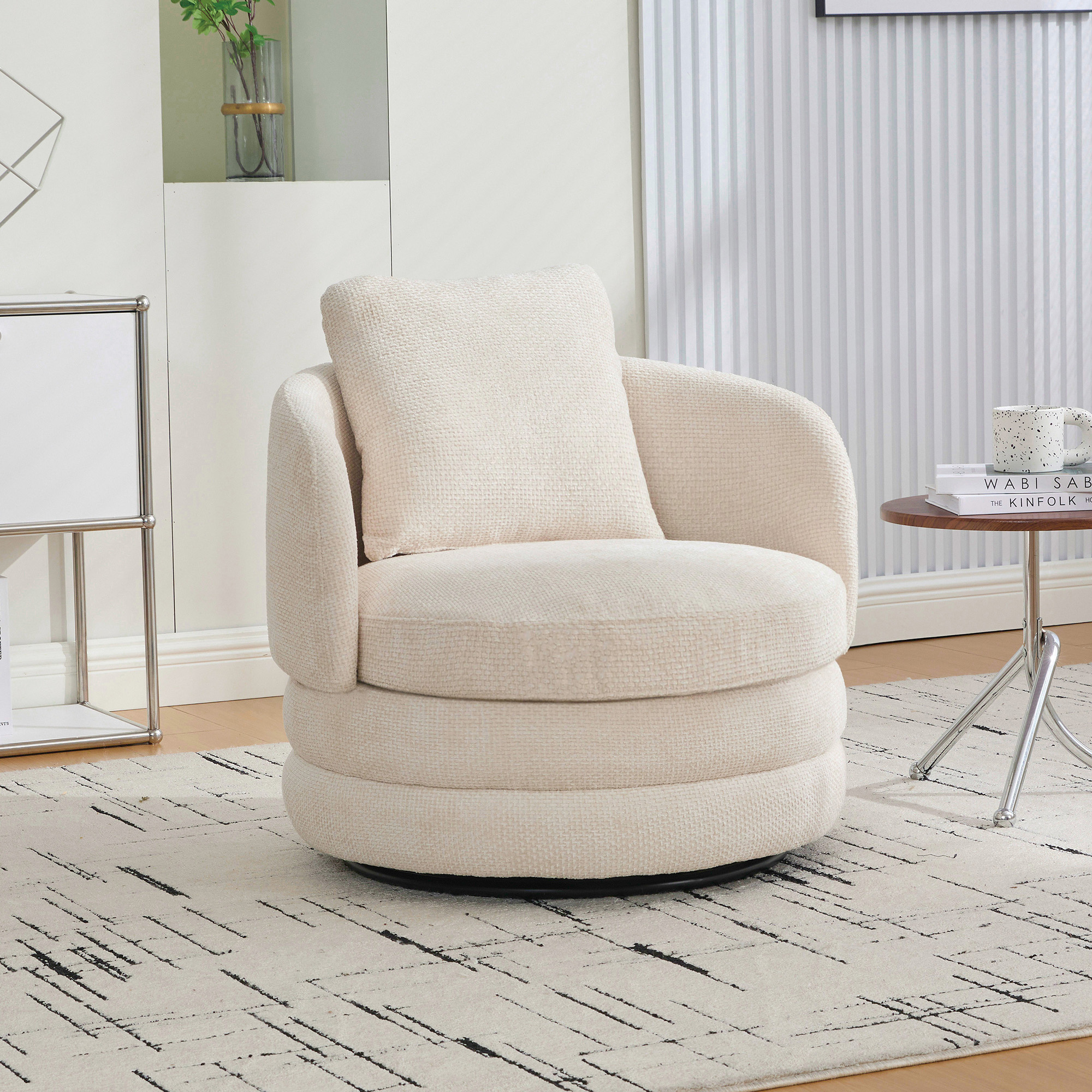 Fauteuil tonneau moderne 30po pivotant beige lin rembourré