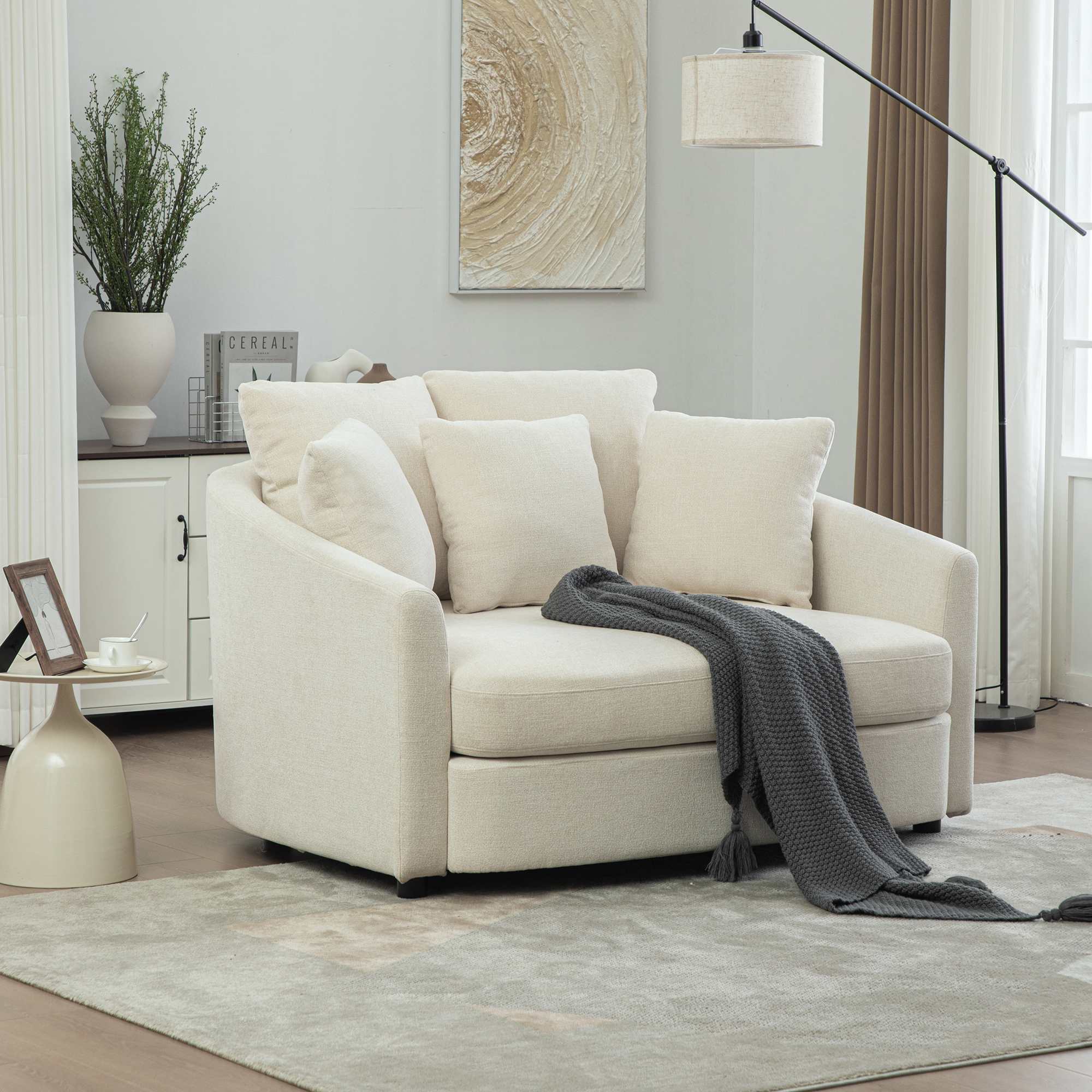 Chaise longue ronde capitonnée 56,3po, surdimensionnée, beige