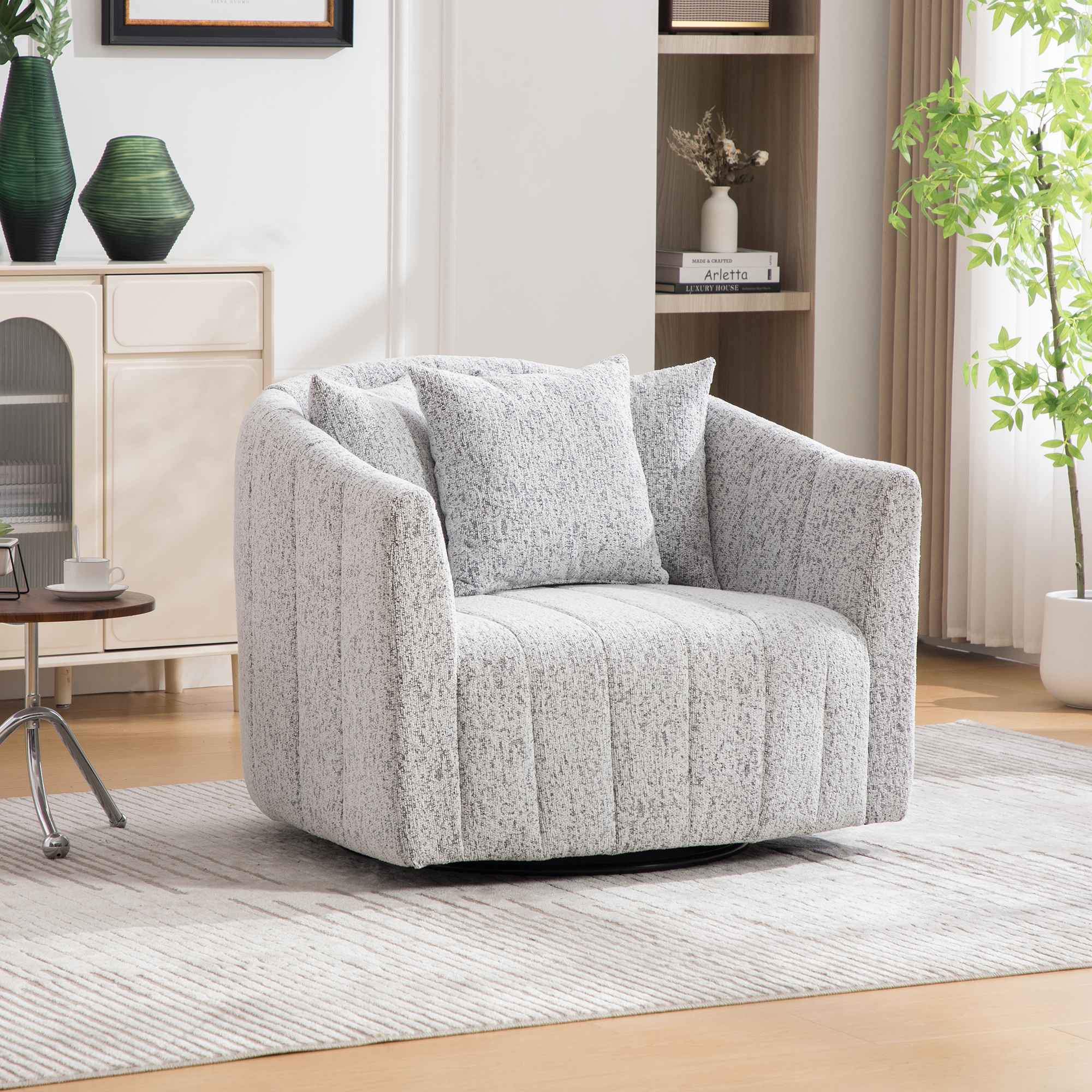 Fauteuil tonneau pivotant 360° chenille matelassé blanc-noir 39 W