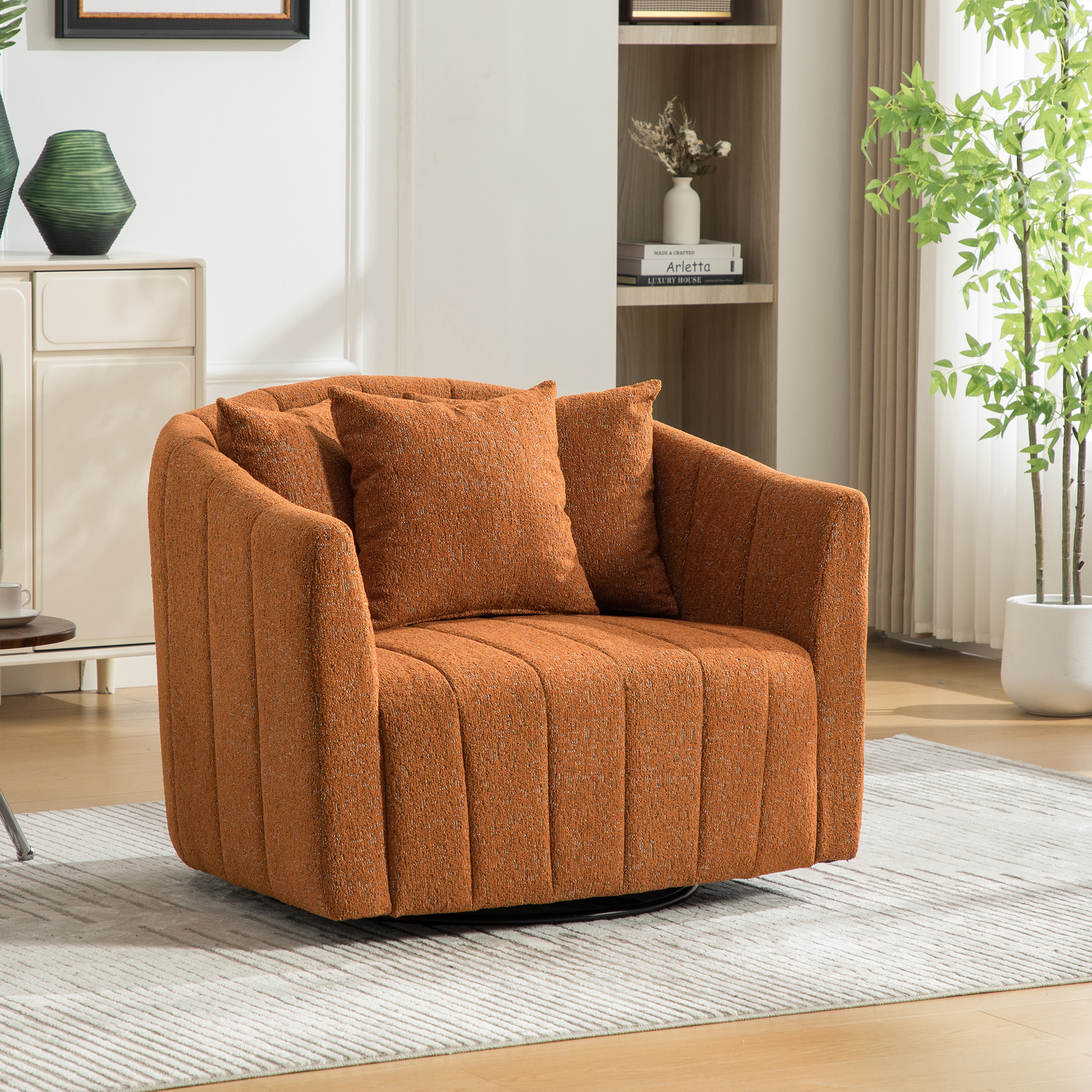 Fauteuil tonneau pivotant 360° 39 L, chenille orange, 3 coussins